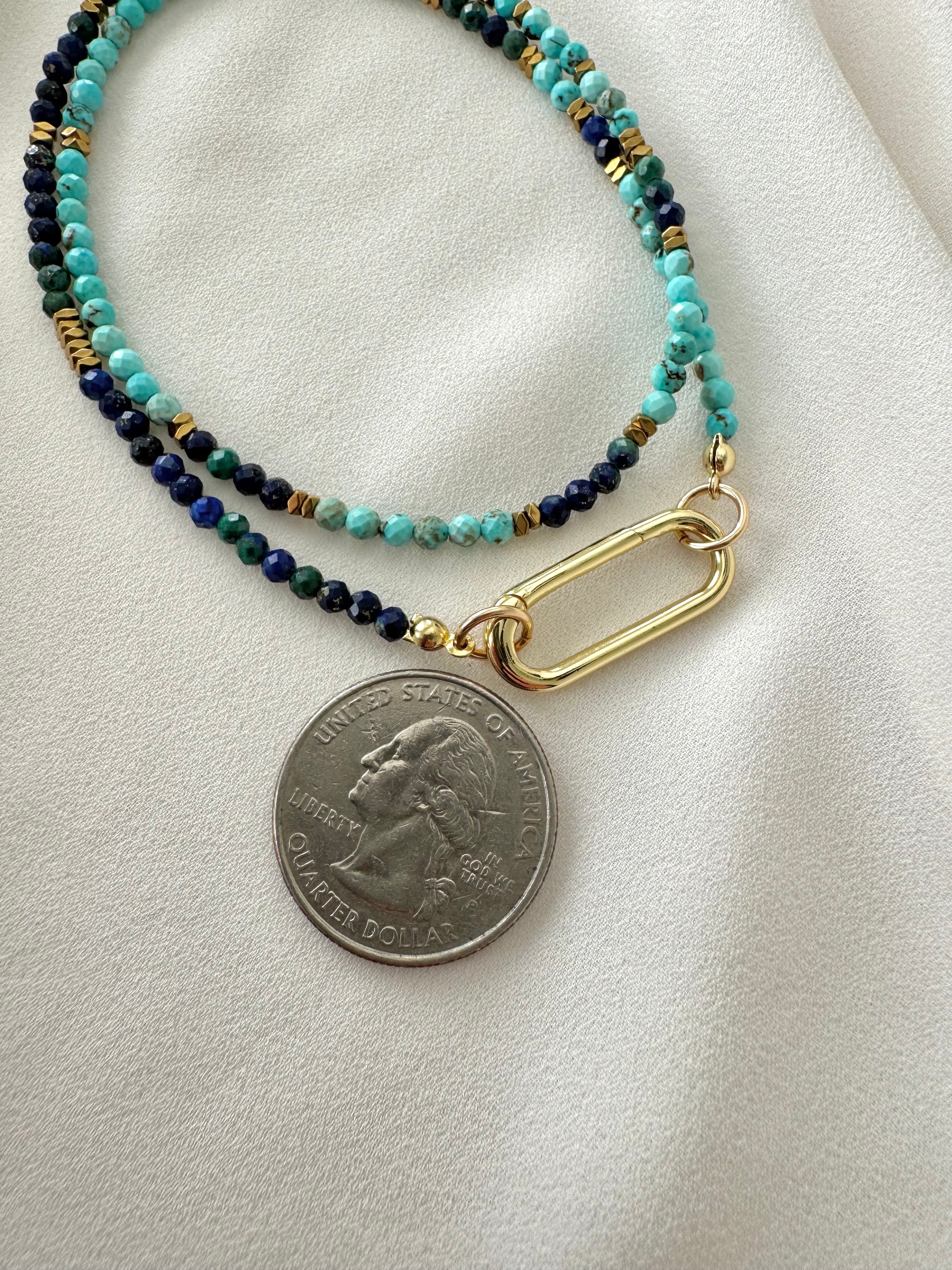 Dainty Beaded Turquoise Lapis Lazuli Malachite Necklace - Gold Filled Charm Clasp Carabiner