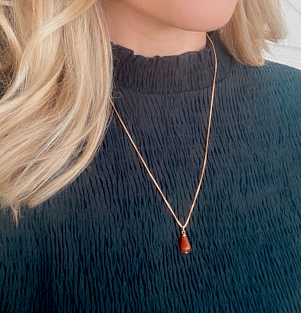 Carnelian Necklace Red Carnelian Gemstone Pendant Gold Filled Figaro Chain Teardrop Shaped Carnelian Orange Crystal Necklace Gift