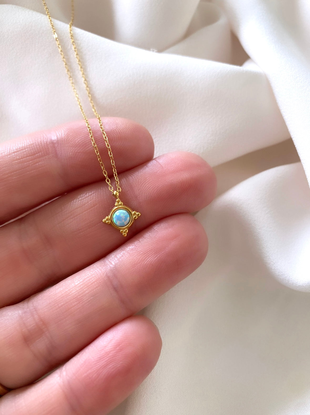 Dainty Blue Opal Pendant Necklace - October Birthstone - Gold Filled Chain