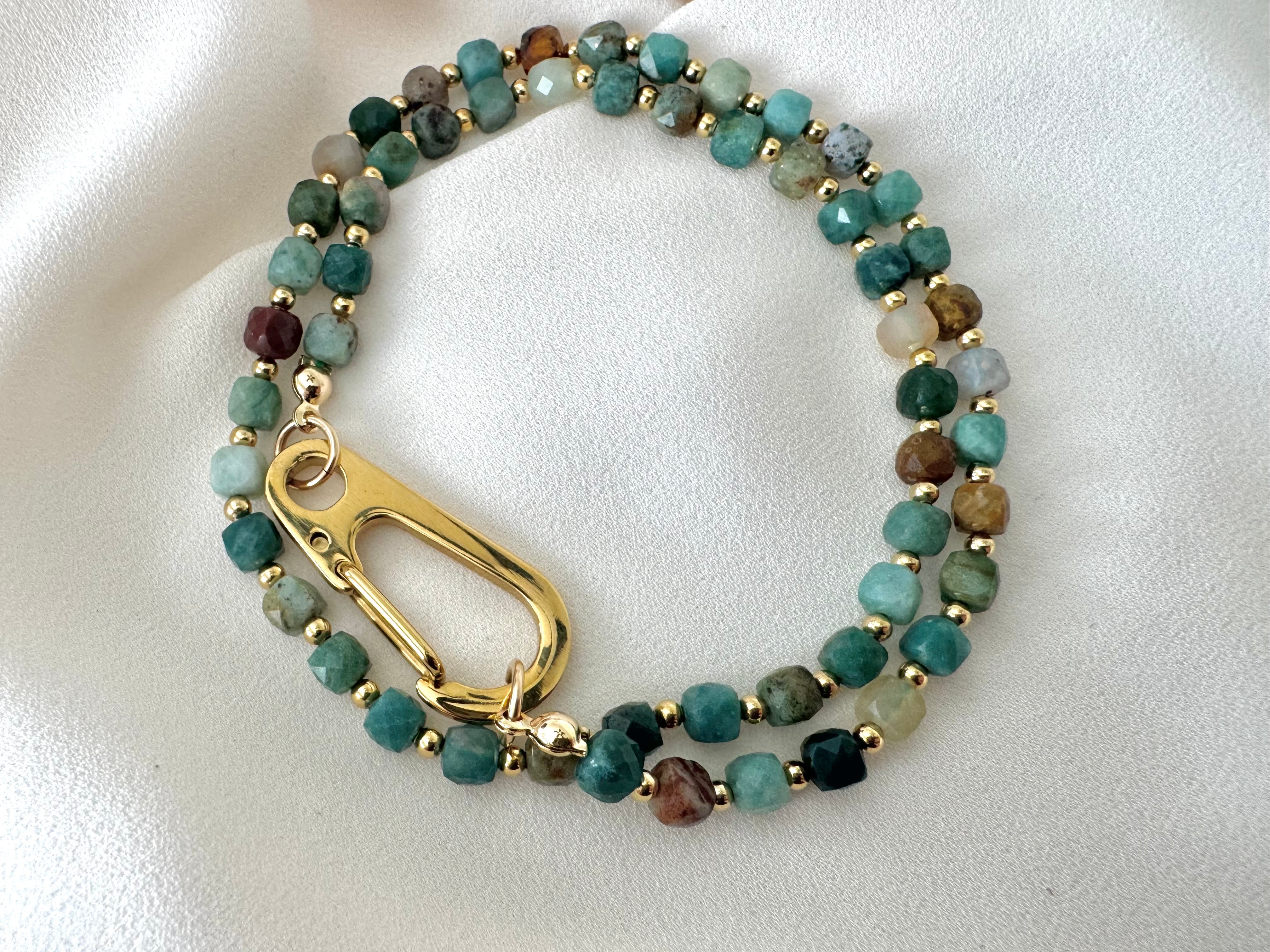 Genuine Moss Agate Beaded Necklace with Large Gold Carabiner Charm Clasp