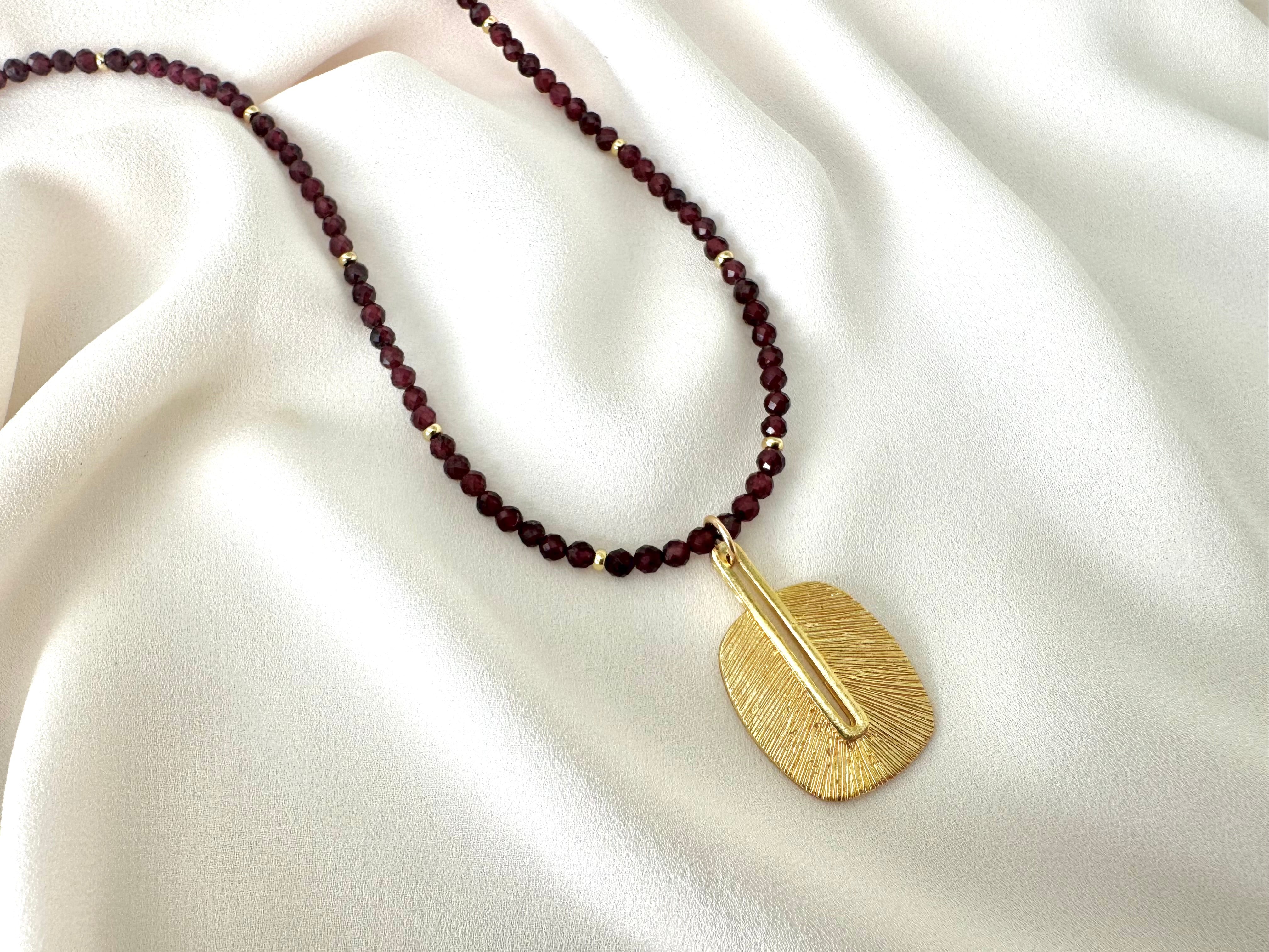 Genuine Garnet Beaded Necklace with Rustic Gold Pendant - January Birthstone