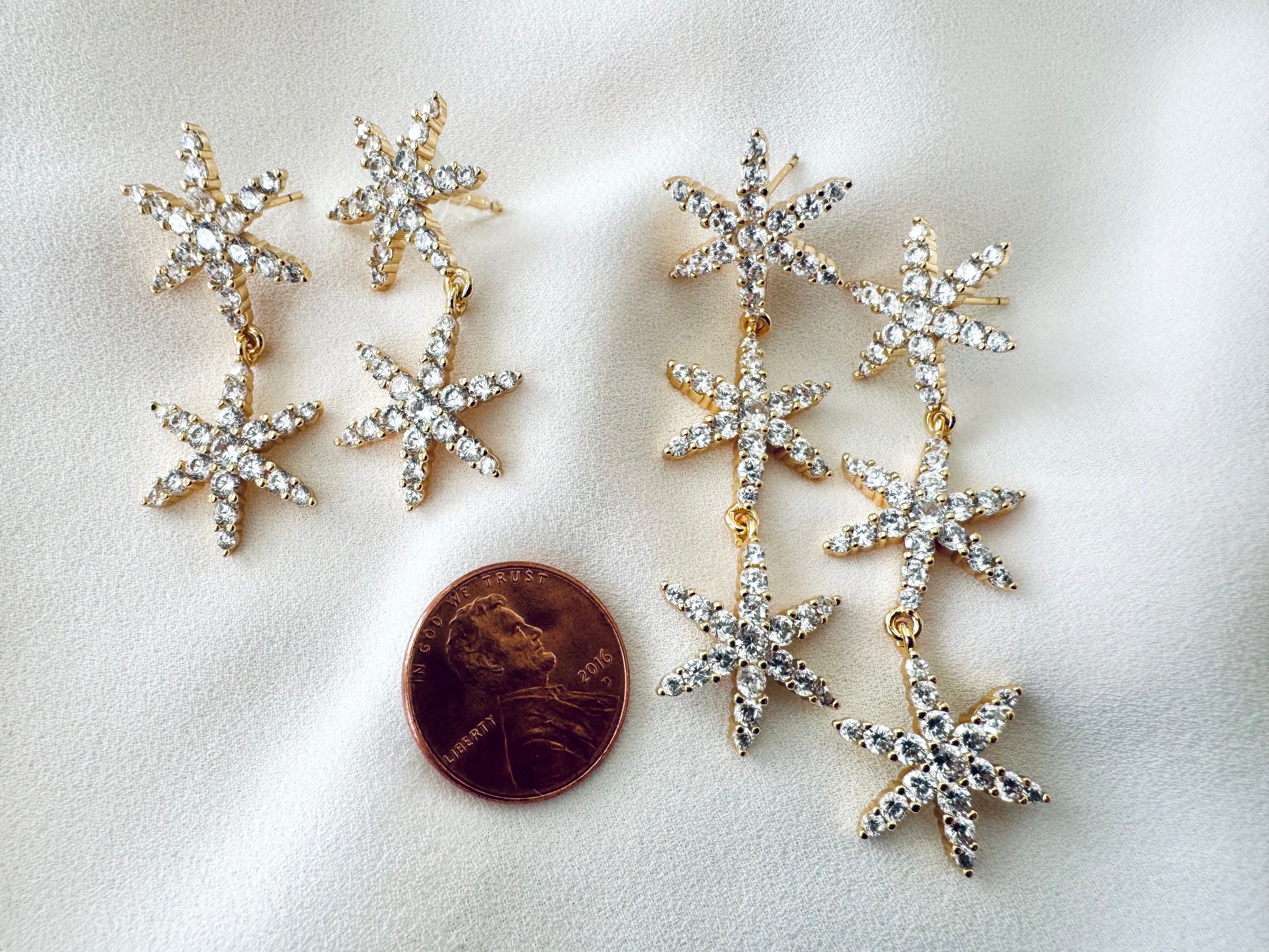 Gold Filled Micro Pave Dangle Drop Star Earrings - Cocktail Party Holiday Jewelry