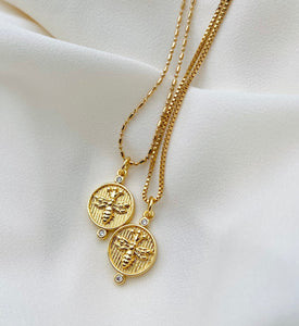 Gold Bee Necklace Gold Filled Necklace Gold Honey Bee Medallion Necklace Bumblebee Coin Pendant Rustic Coin Queen Bee Charm Christmas Gift
