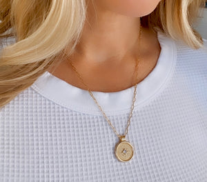 Gold Coin Necklace with CZ Crystal Charm Gold Filled Medallion Necklace Dainty Paperclip Figaro Chain Minimalist Layering Necklace Gift Idea