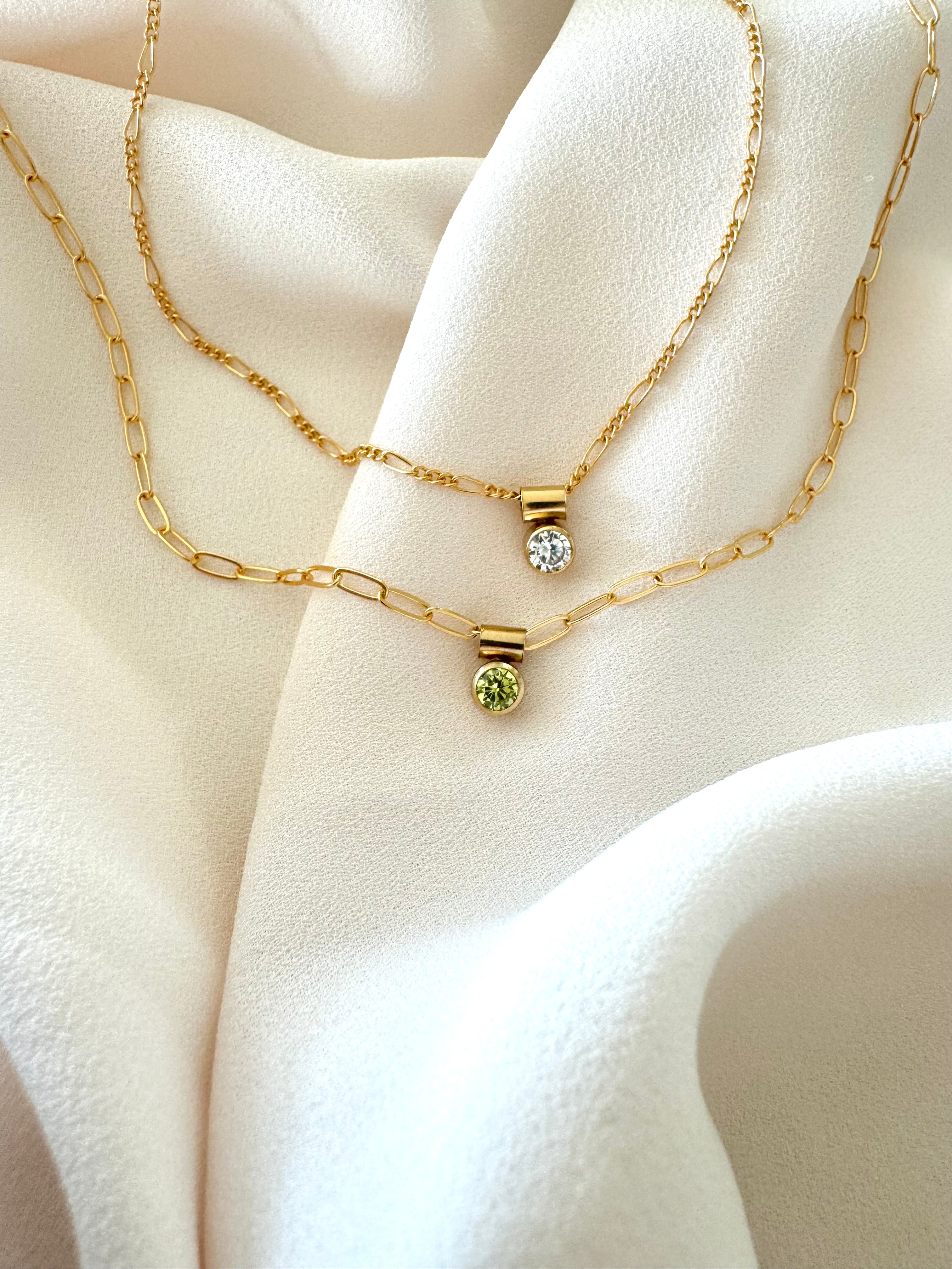 Dainty Gold Filled Birthstone Charm Necklace - Figaro Chain - Box Chain - Peridot August - Rose Quartz October - Crystal April