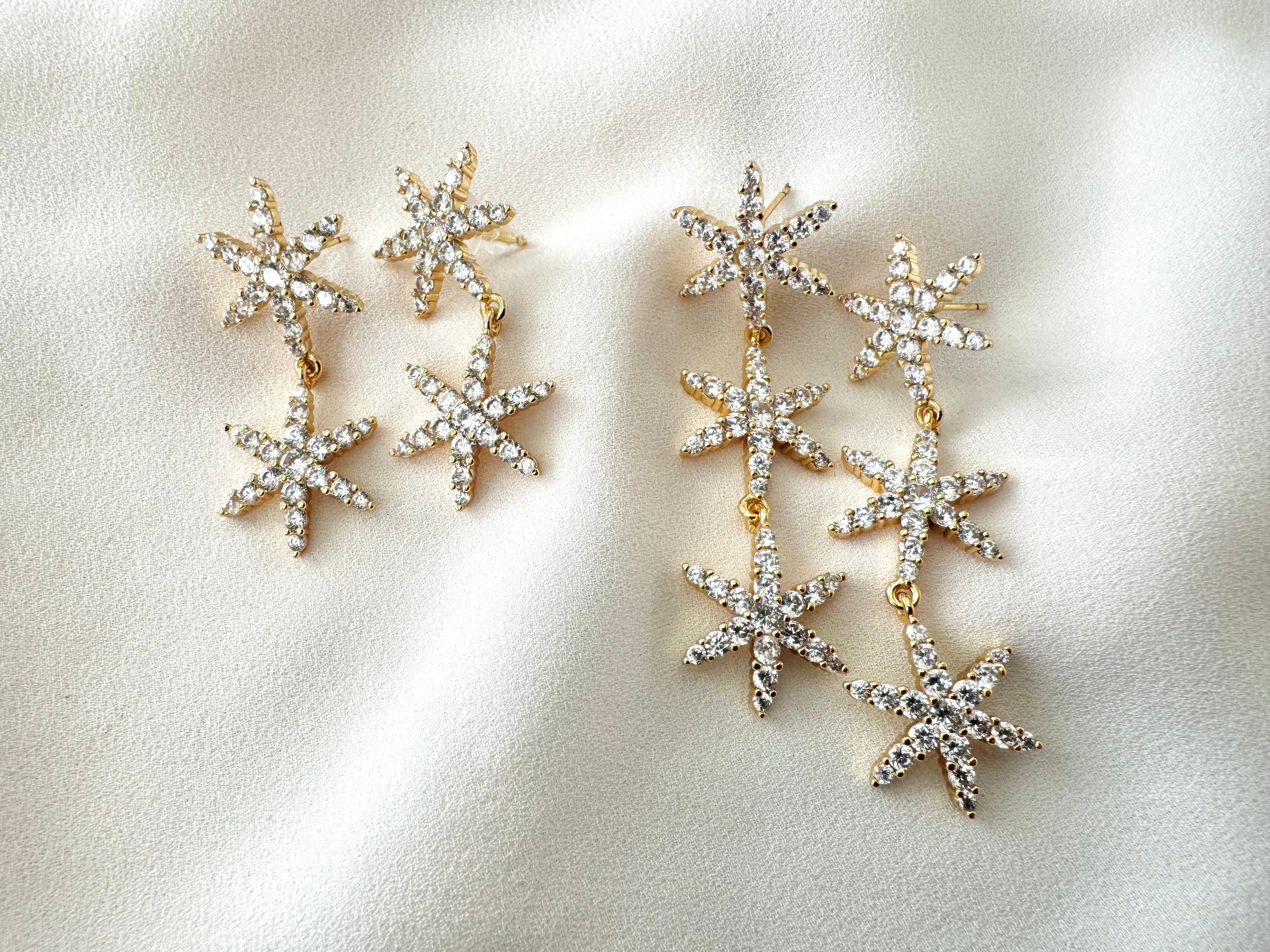 Gold Filled Micro Pave Dangle Drop Star Earrings - Cocktail Party Holiday Jewelry