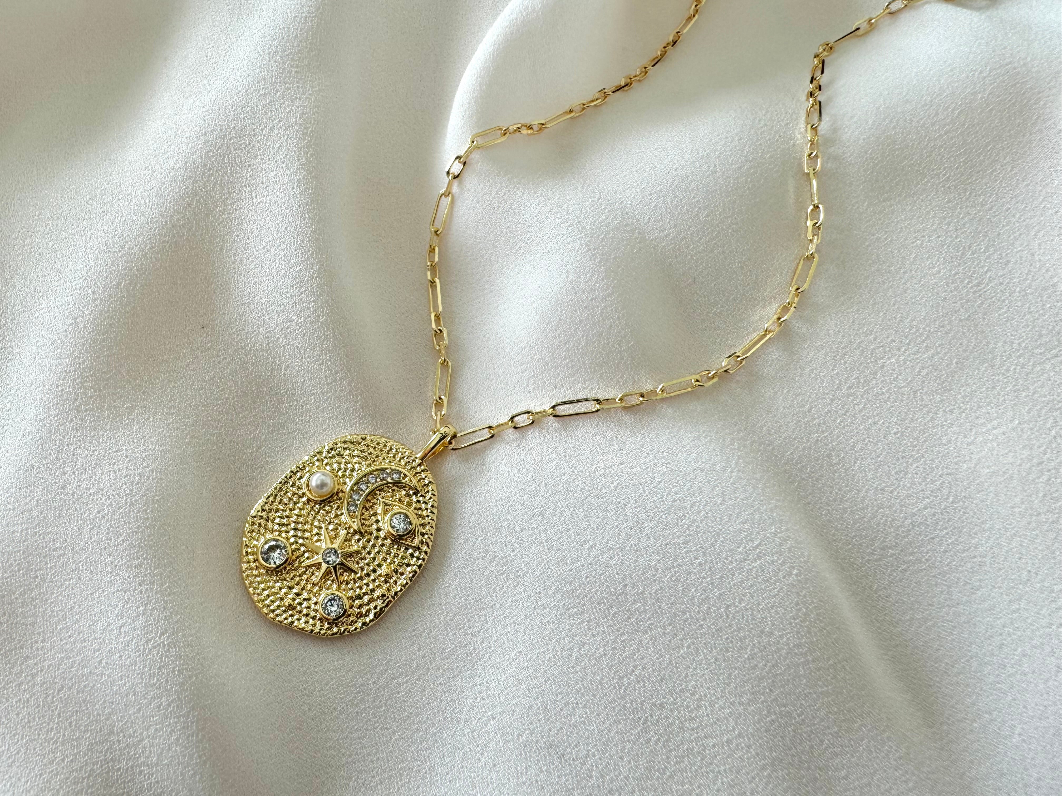 Gold Filled Sun Moon and Stars Coin Pendant Necklaces - Pearls and CZ Crystals