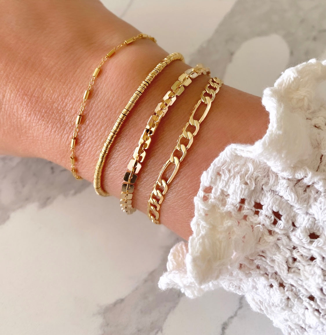 Gold Filled Stacking Bracelets Flat Figaro Chain Tube Bars Rings Sequins Chain - Minimalist Jewelry