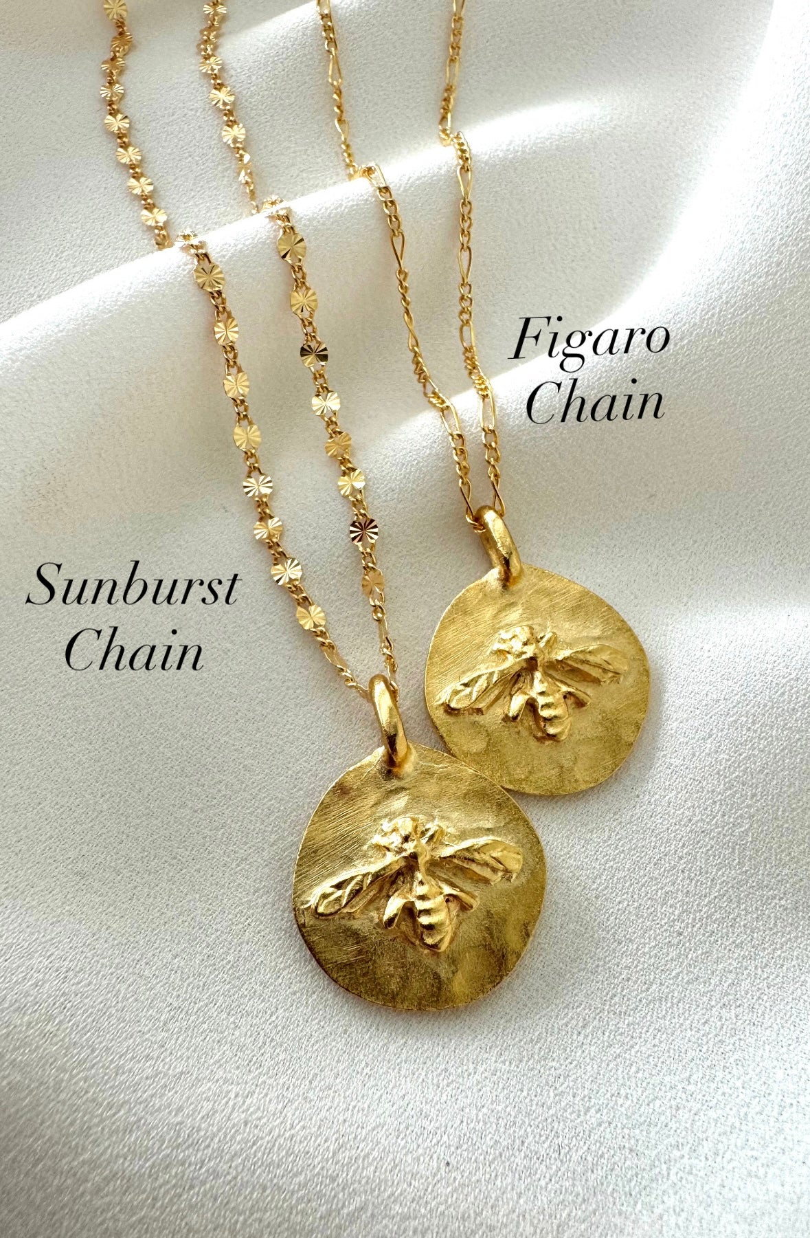 Gold Honey Bee Pendant Necklace - Gold Filled Chain - Figaro Box Paperclip Sunburst