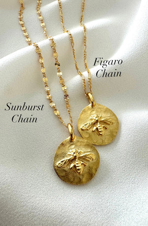 Gold Honey Bee Pendant Necklace - Gold Filled Chain - Figaro Box Paperclip Sunburst