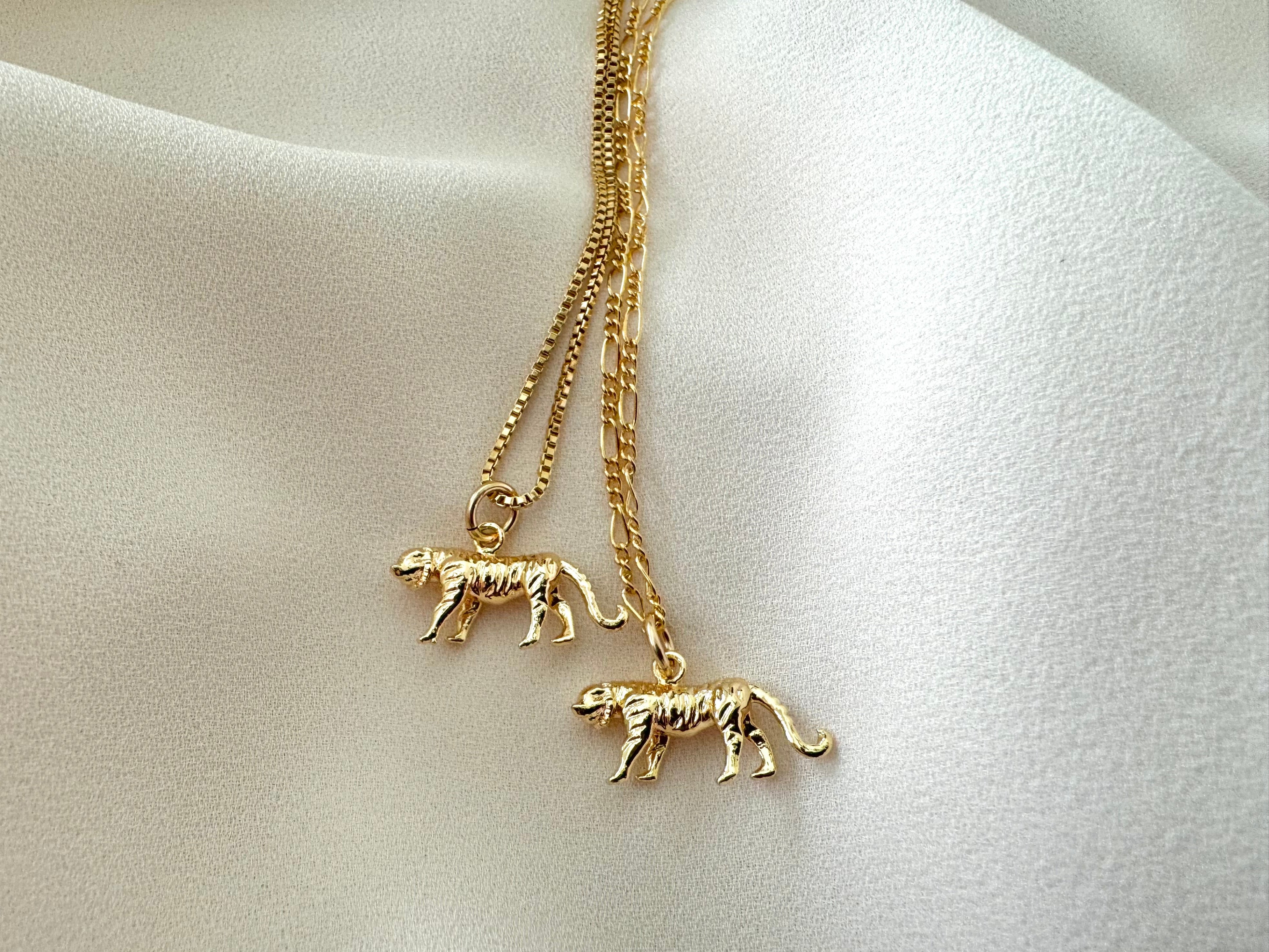 Gold Filled Tiger Pendant Necklace - Box Chain - Figaro Chain