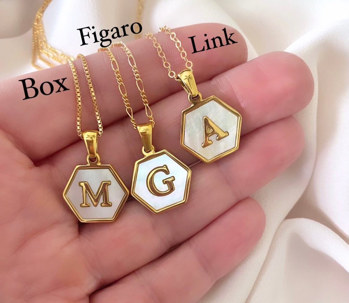 Gold Hexagon Mother of Pearl Letter Pendant Necklace - Gold Filled Chain - Customizable Gifts