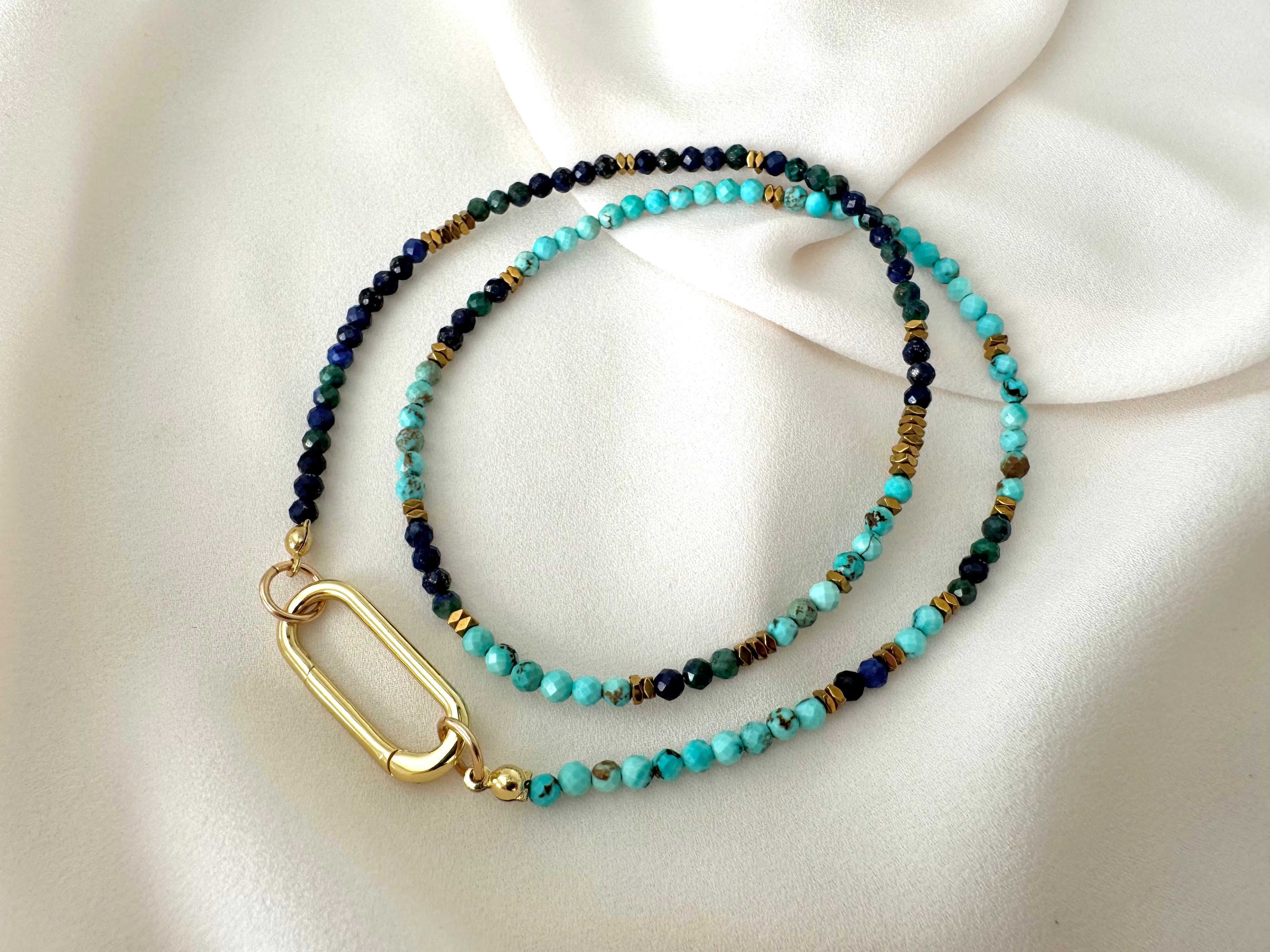 Dainty Beaded Turquoise Lapis Lazuli Malachite Necklace - Gold Filled Charm Clasp Carabiner