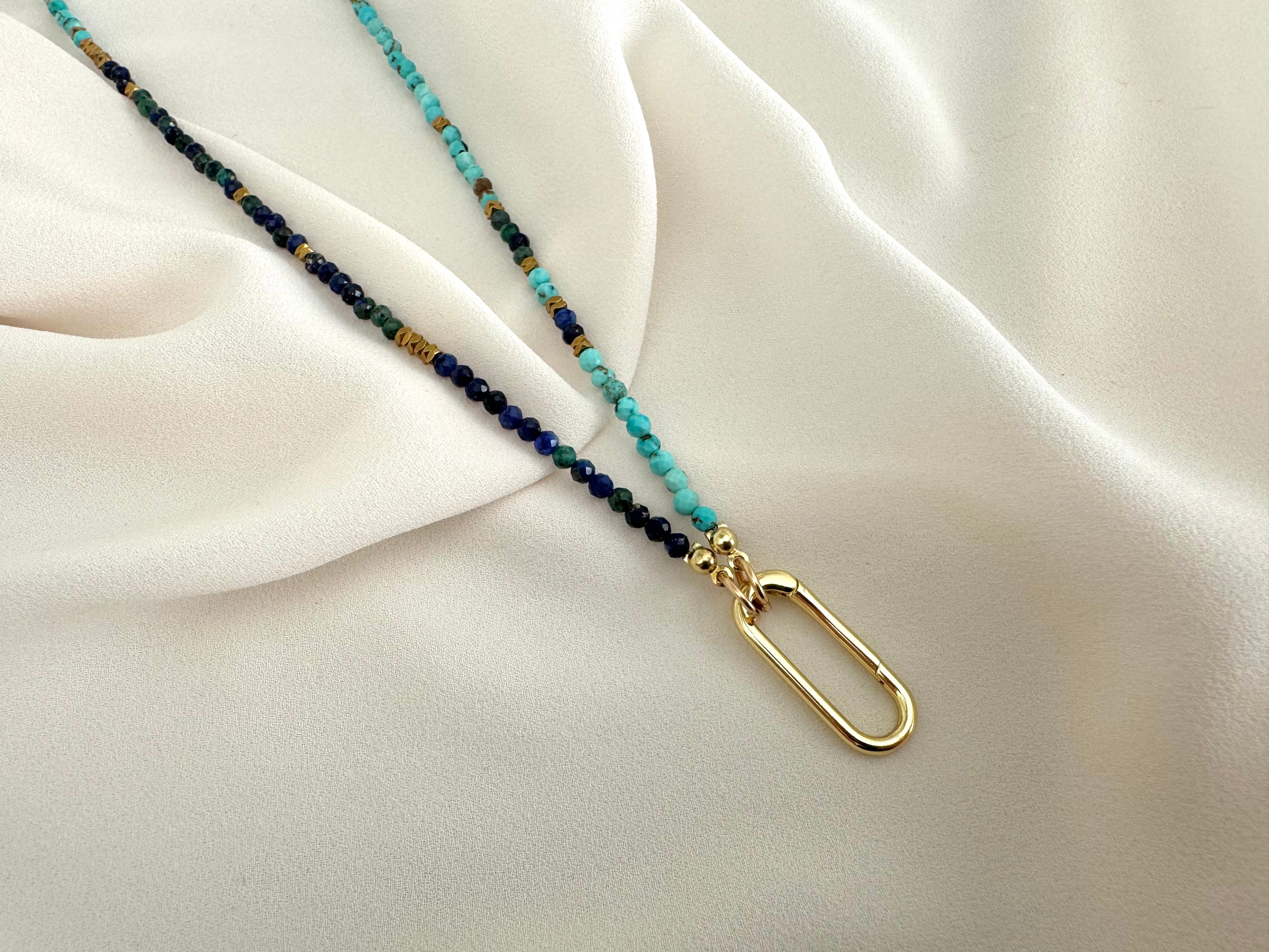 Dainty Beaded Turquoise Lapis Lazuli Malachite Necklace - Gold Filled Charm Clasp Carabiner