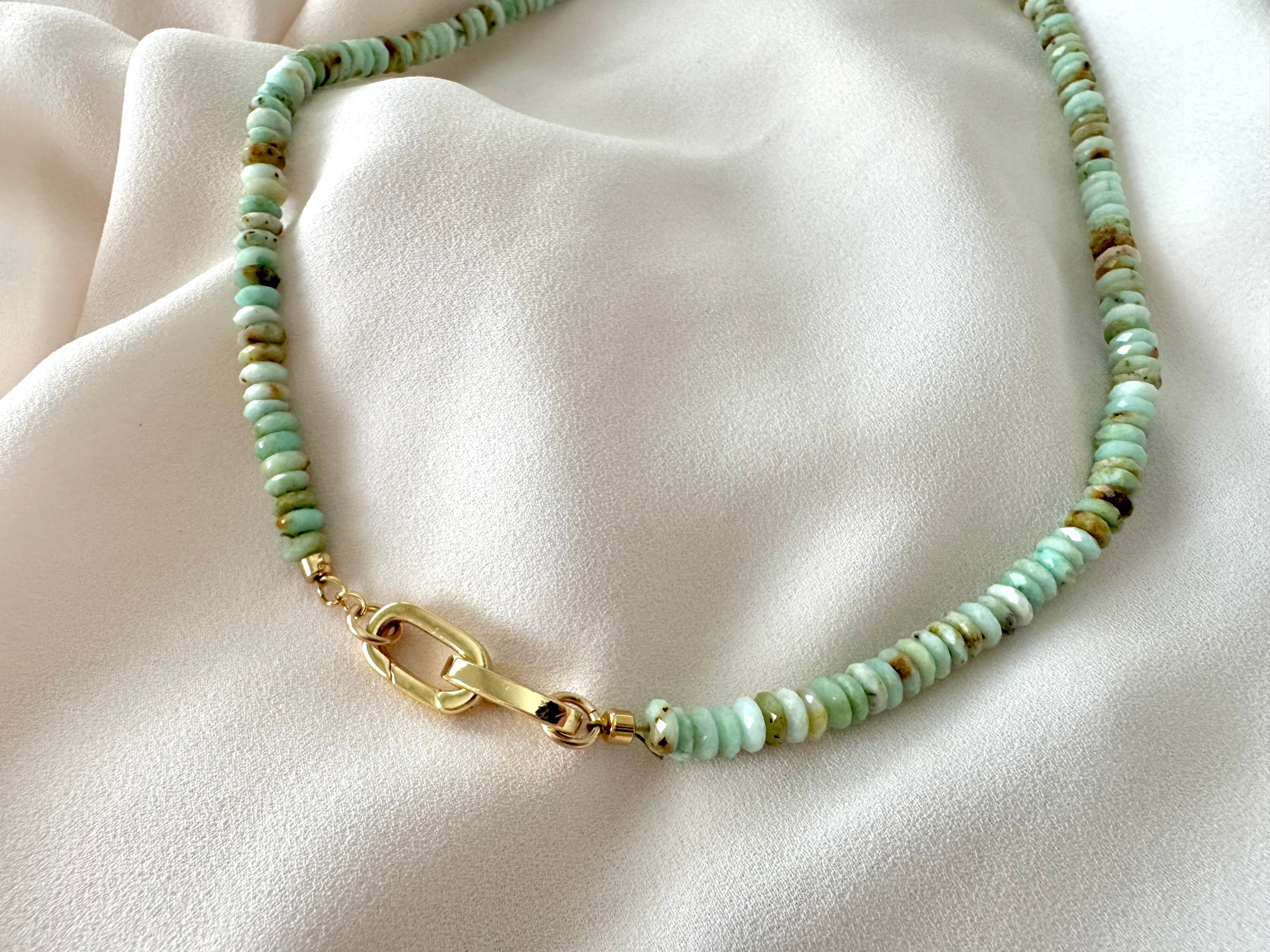 Real Beaded Amazonite Necklace with Large Gold Filled Clasp -