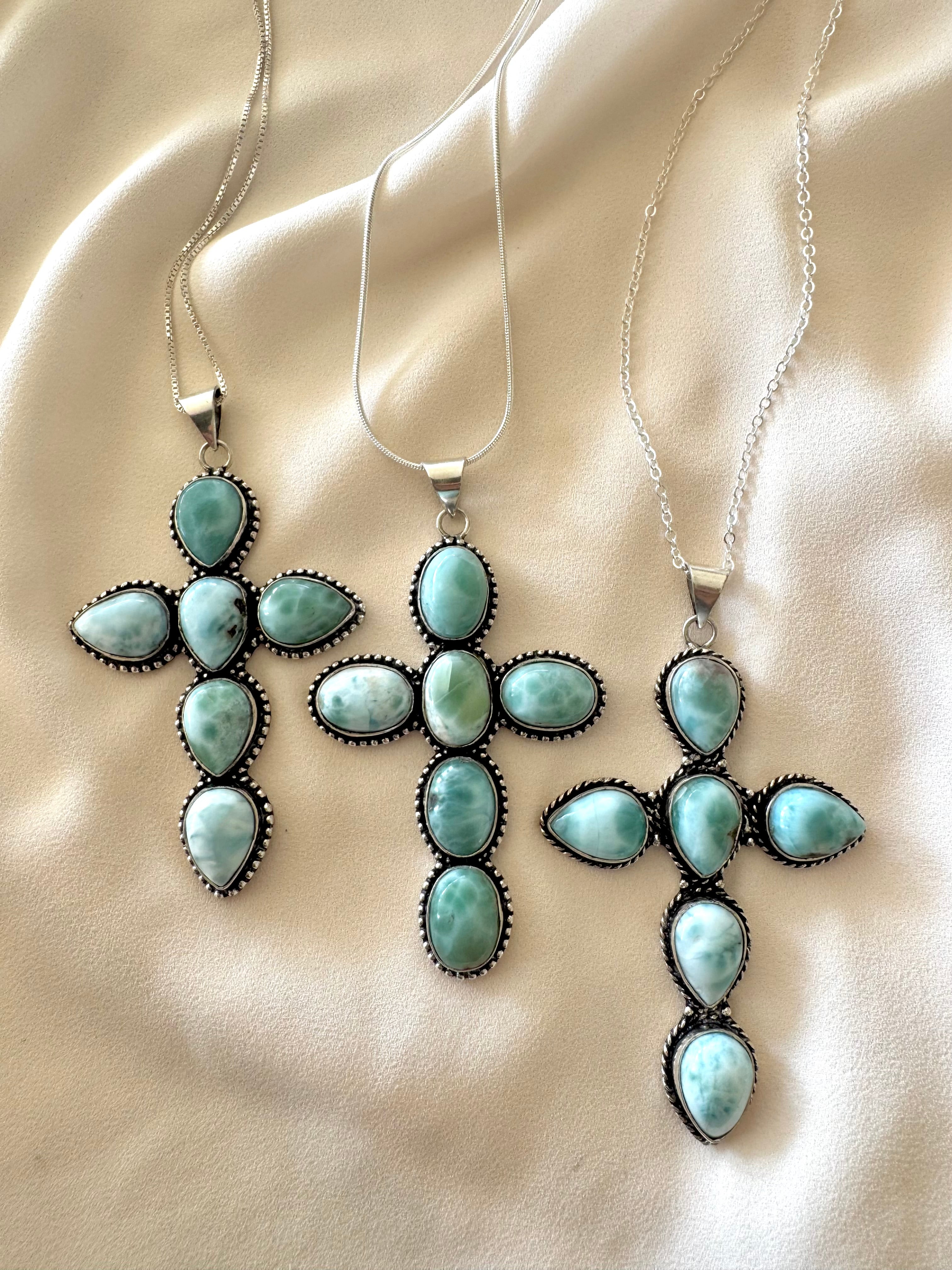 Large Larimar Cross Pendant Necklace - Sterling Silver Snake Box Link Chain - Gift Idea