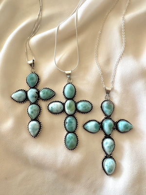 Large Larimar Cross Pendant Necklace - Sterling Silver Snake Box Link Chain - Gift Idea