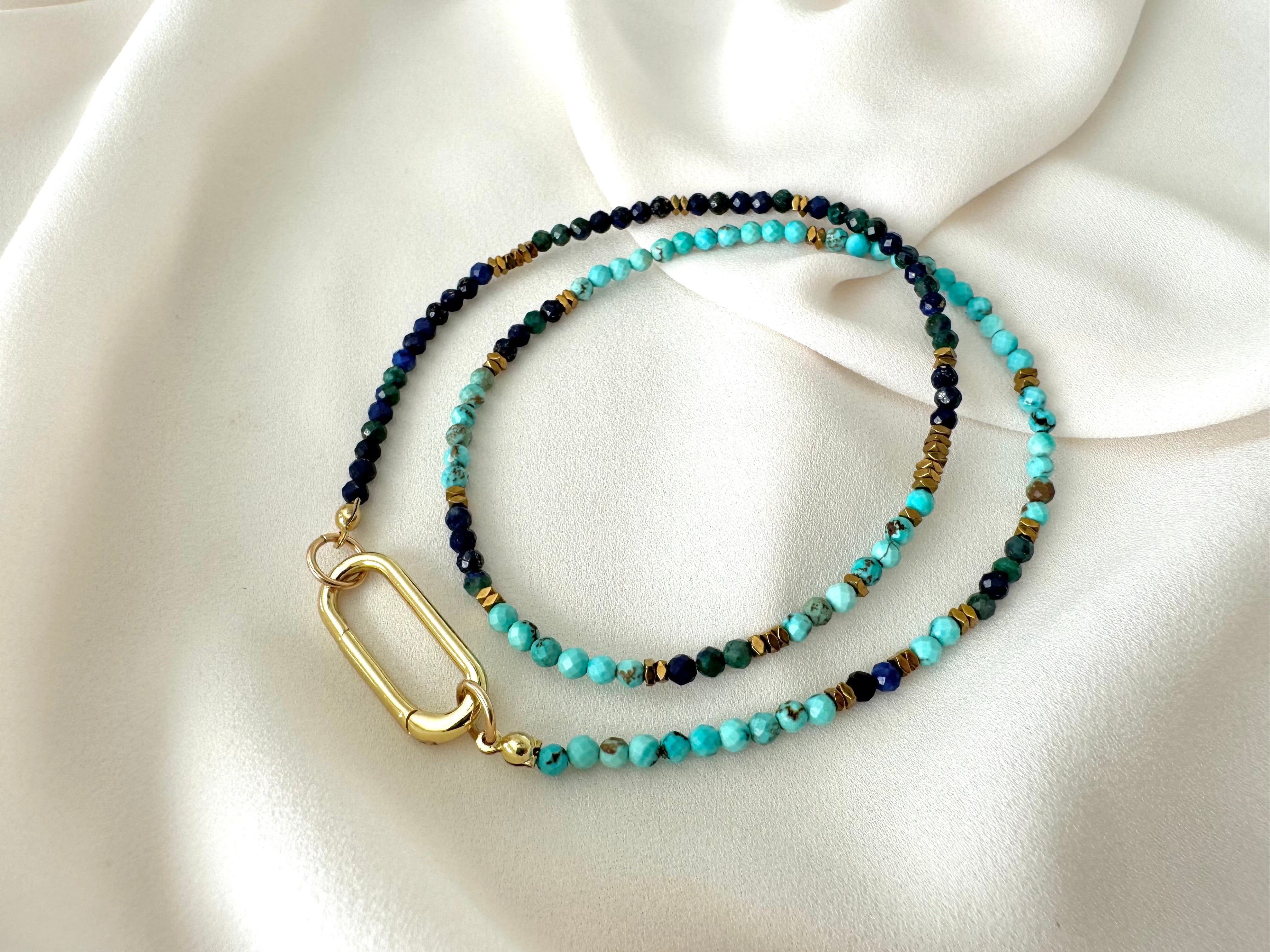Dainty Beaded Turquoise Lapis Lazuli Malachite Necklace - Gold Filled Charm Clasp Carabiner
