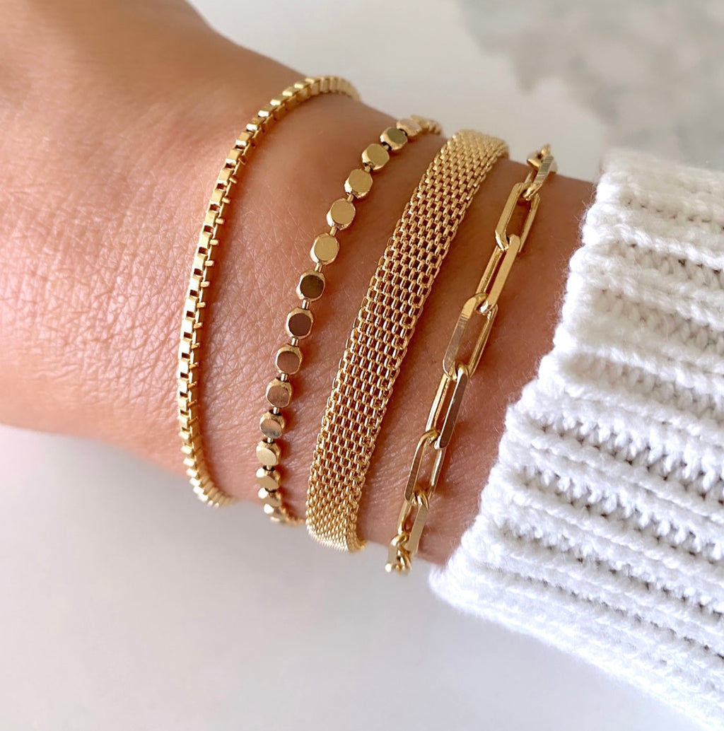 Gold Filled Stacking Bracelets Thick Box Chain Bracelet Dot Bracelet Paperclip Chain Flat Woven Band Bracelet Everyday Minimalist Jewelry