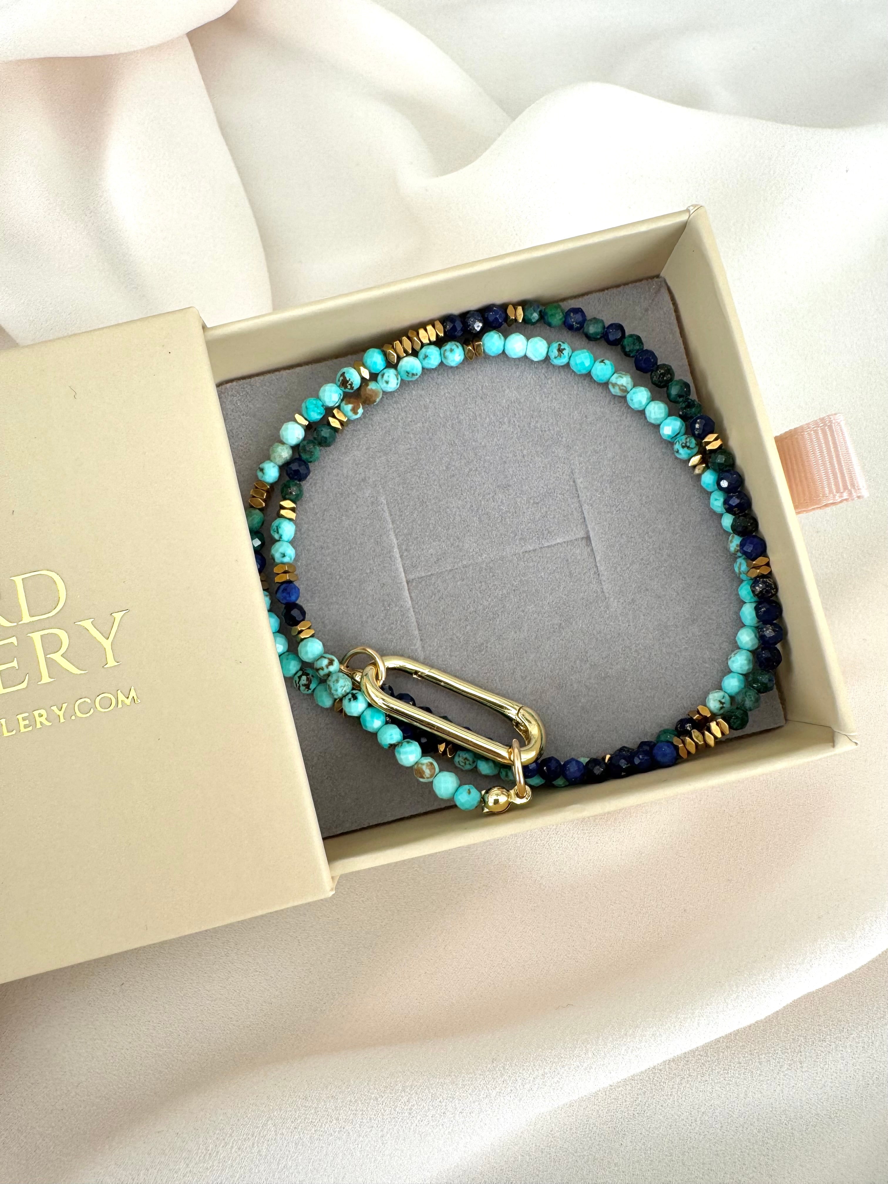 Dainty Beaded Turquoise Lapis Lazuli Malachite Necklace - Gold Filled Charm Clasp Carabiner