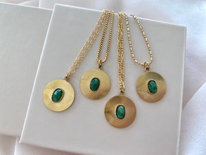 Dainty Aventurine Etched Coin Necklace - Gold Filled Stainless Steel Gemstone Jewelry