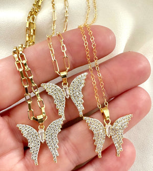 Gold Filled Micro Pave Butterfly Pendant Necklace - April Birthstone