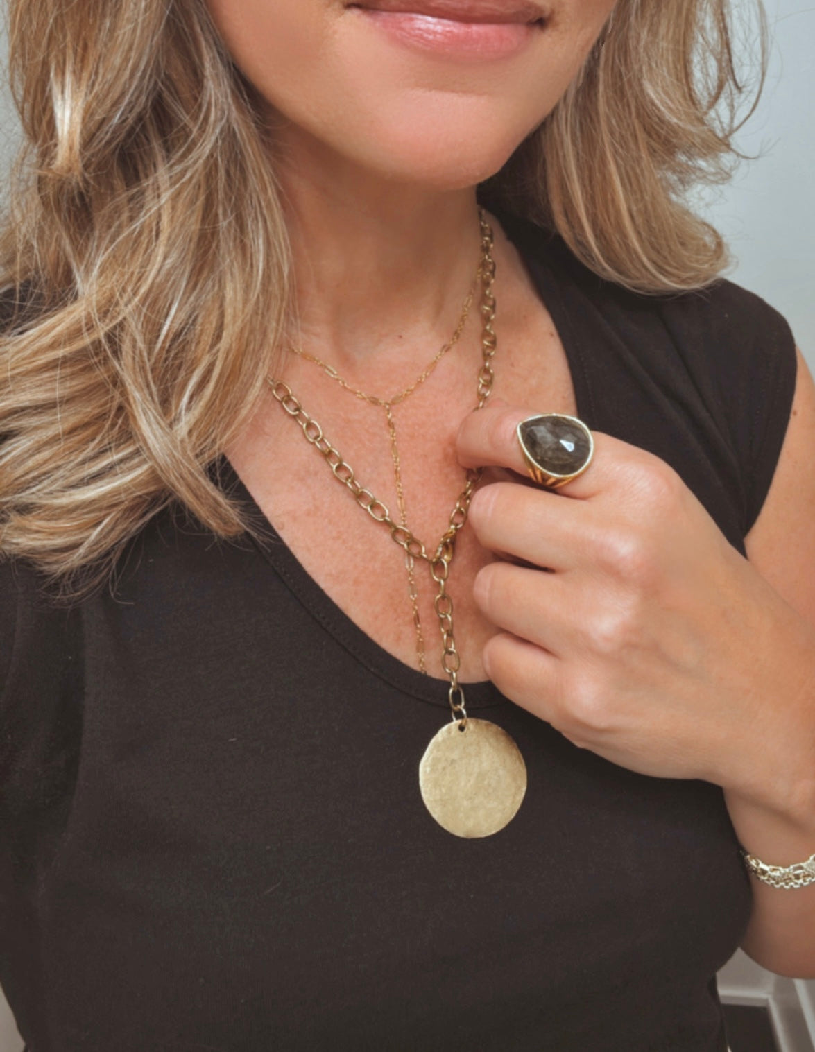 Gold Lariat Medallion Necklace - Gold Filled Paperclip Chain - Y Necklace