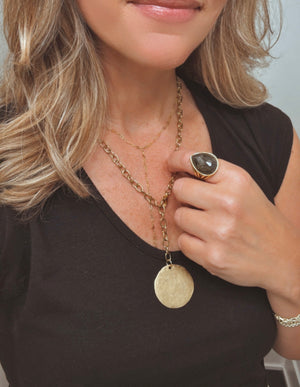 Gold Lariat Medallion Necklace - Gold Filled Paperclip Chain - Y Necklace