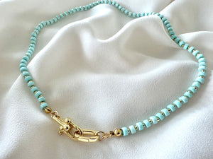 Real Beaded Turquoise Necklace with Large Gold Filled Clasp - December Birthstone