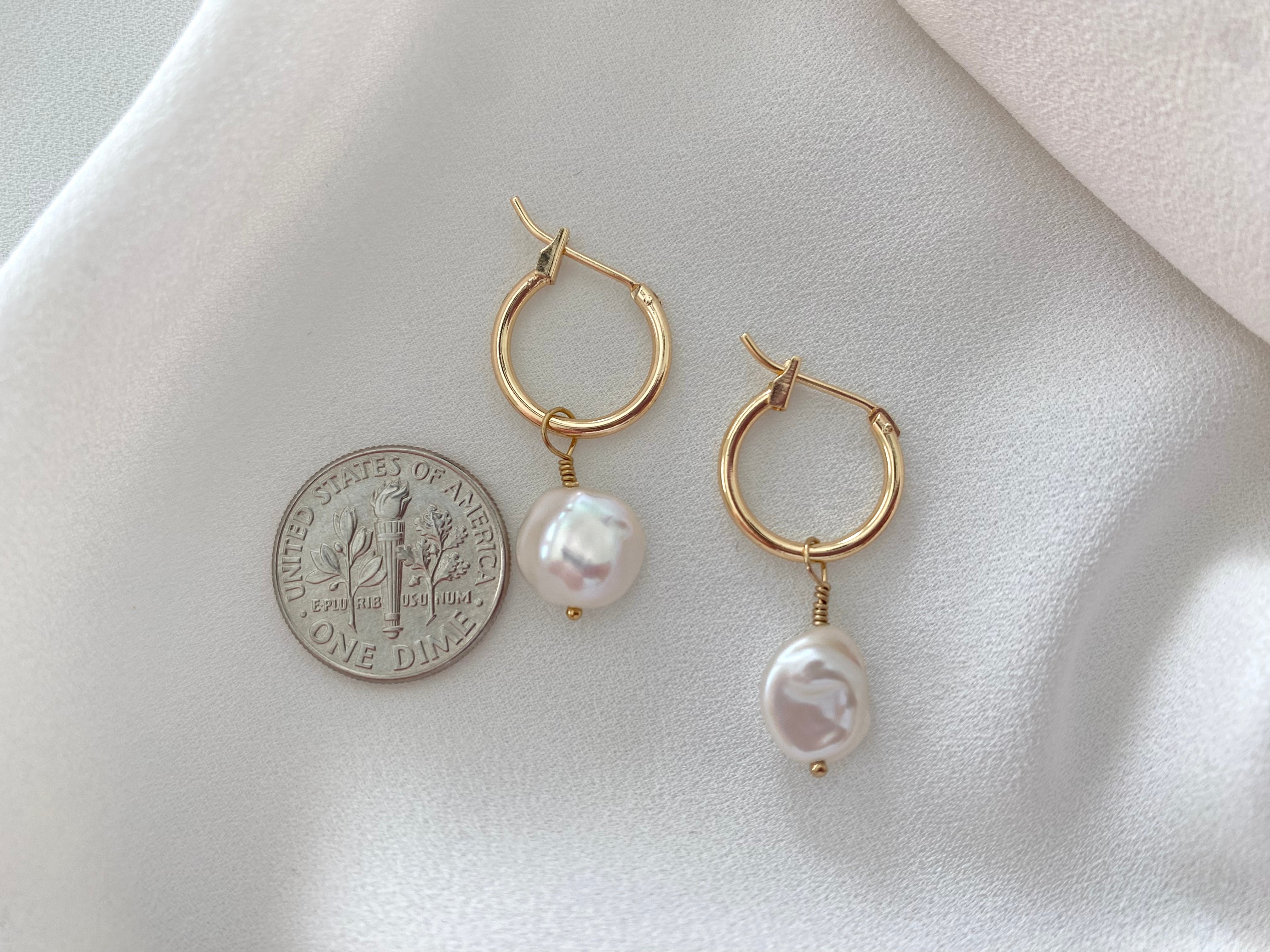 Gold Filled Hoop Earrings with Pearl Charms Dainty Gold Hoops Pearl Dangle Drop Earrings Modern Pearl Jewelry Minimalist 2 in 1 Earring Set