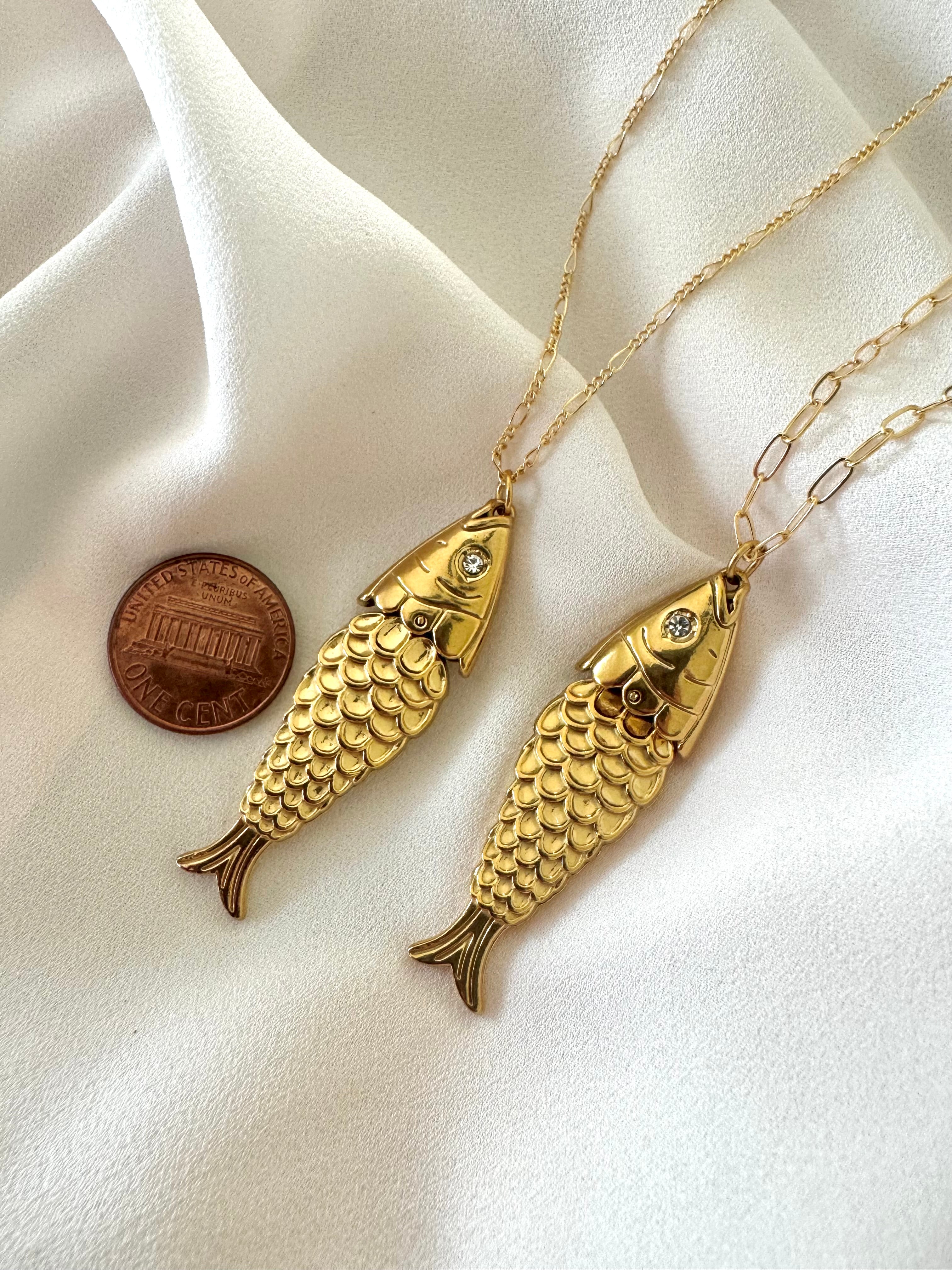 Articulated Gold Sardine Fish Pendant Necklace - Gold Filled Chain