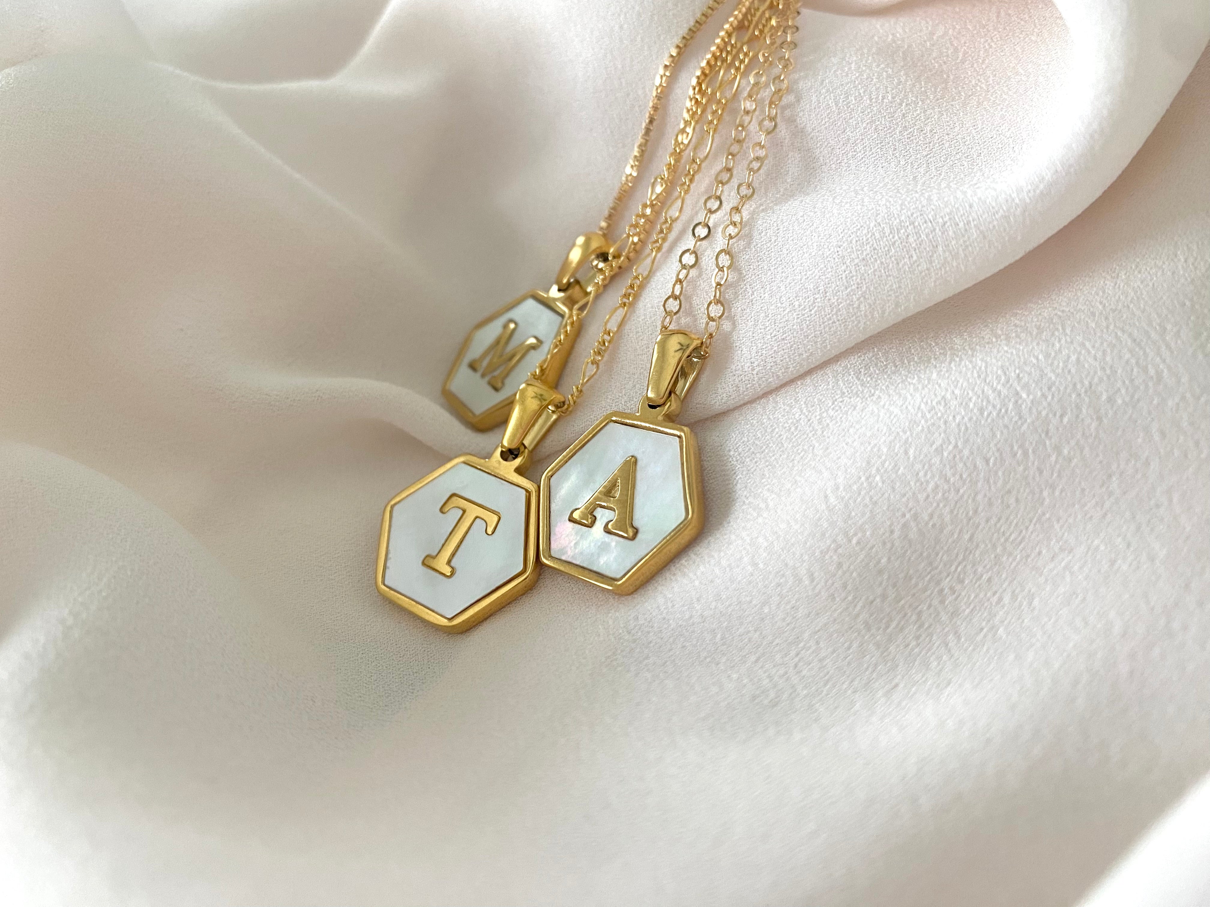 Gold Hexagon Mother of Pearl Letter Pendant Necklace - Gold Filled Chain - Customizable Gifts