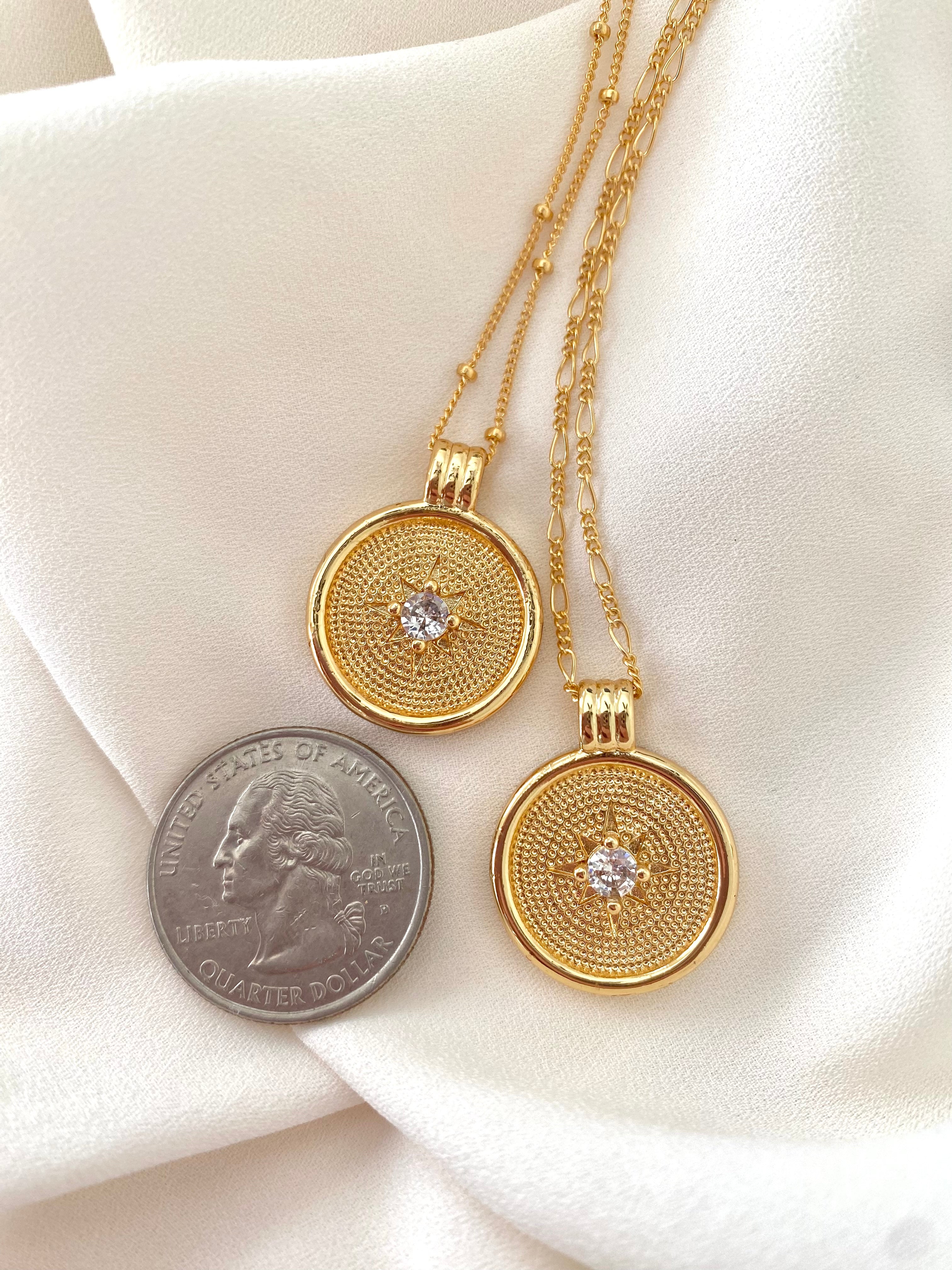 Gold Coin Necklace with CZ Crystal Charm Gold Filled Medallion Necklace Dainty Paperclip Figaro Chain Minimalist Layering Necklace Gift Idea