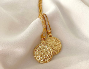 Gold Filled Coin Medallion Necklace - Cross Coin Saint Benedict Necklaces - Gold Filled Figaro Box Chain