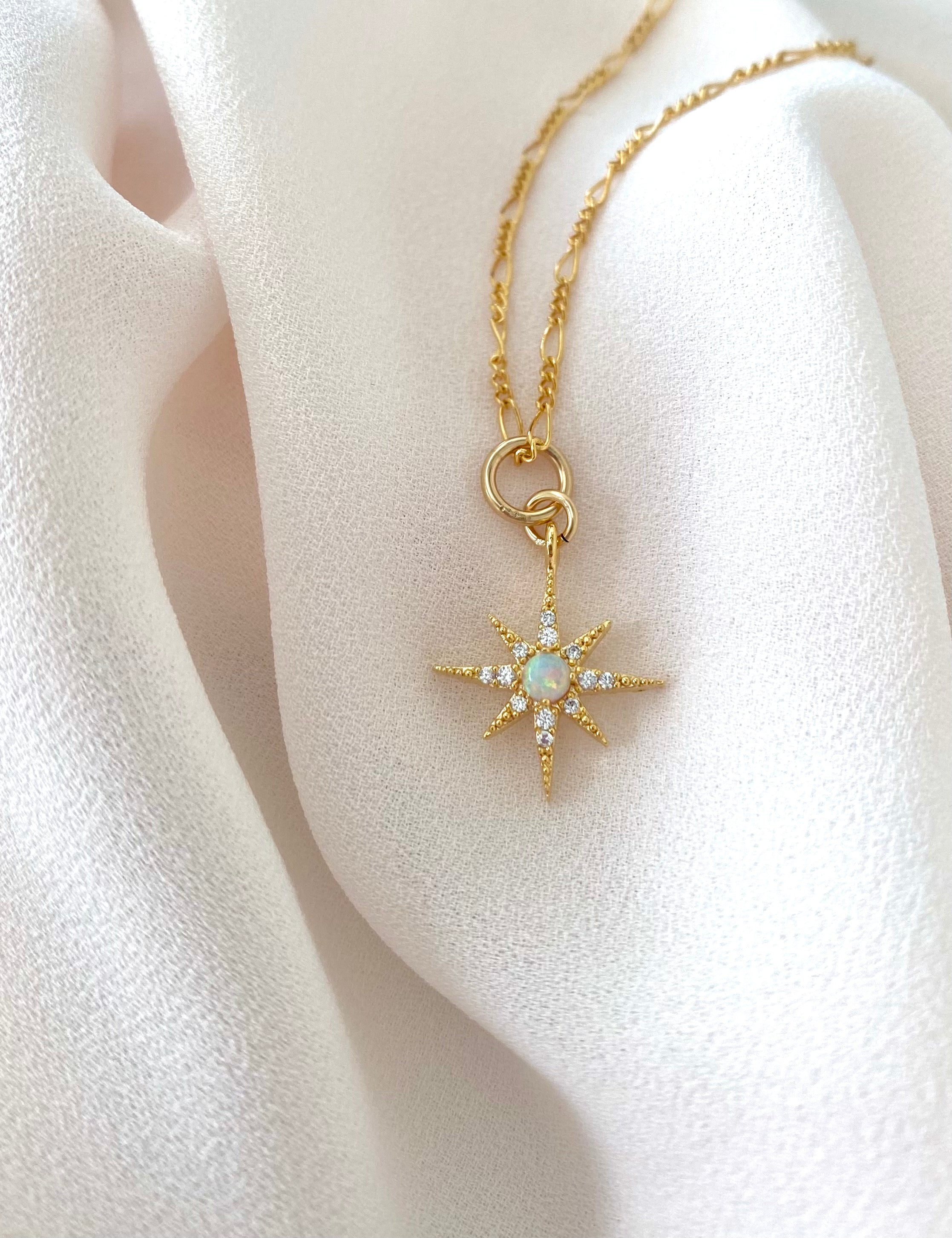 Dainty Opal Micro Pave Star Necklace - Gold Filled Figaro - Box - Satellite Chain - October Birthstone Jewelry