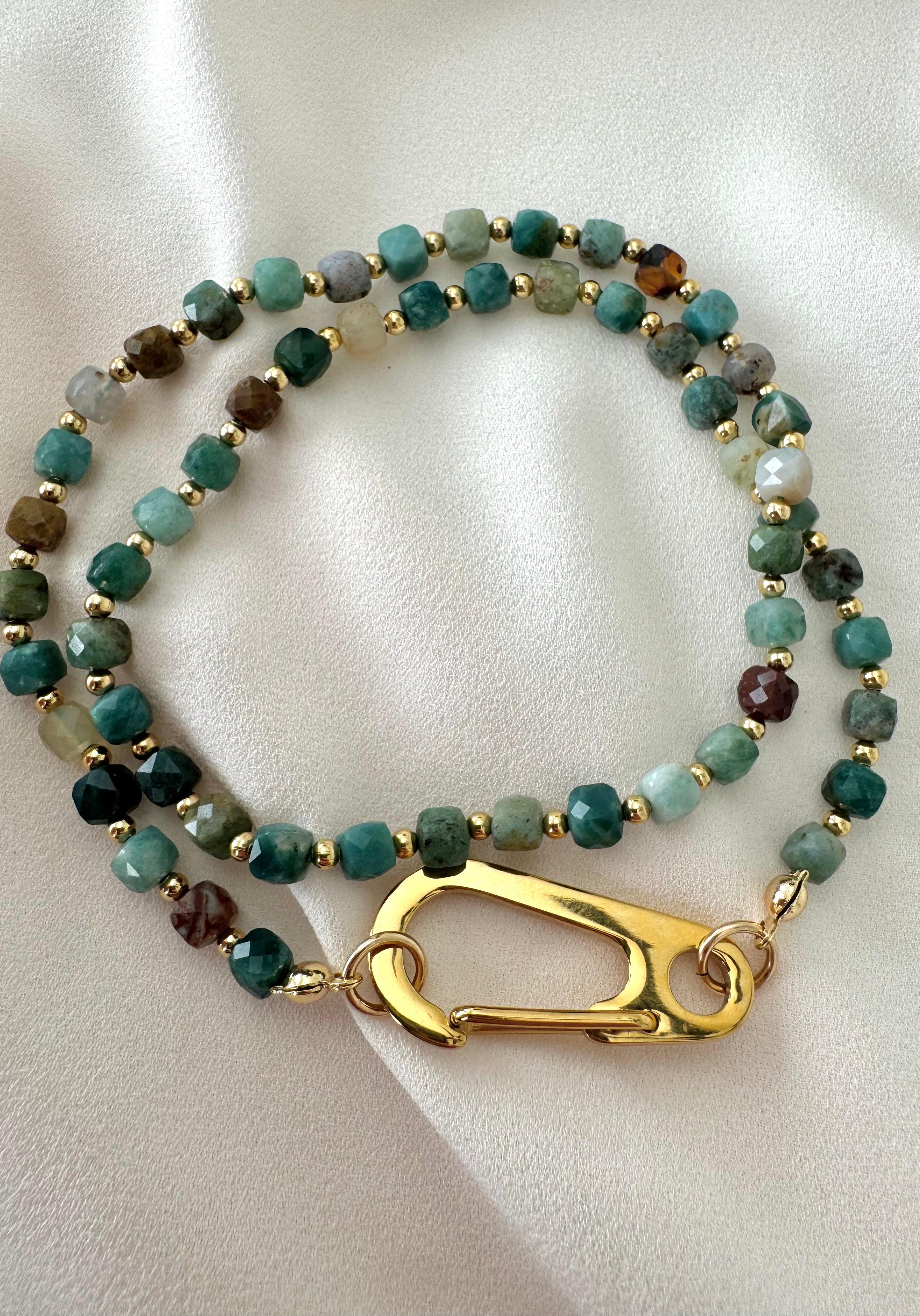 Genuine Moss Agate Beaded Necklace with Large Gold Carabiner Charm Clasp