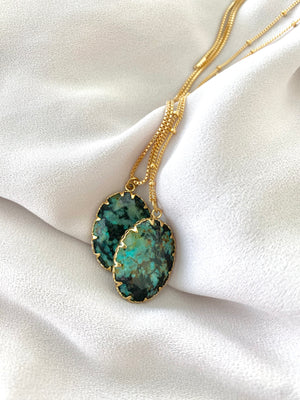 African Turquoise Gemstone Pendant Necklace - Pronged Setting - Gold Filled Chain