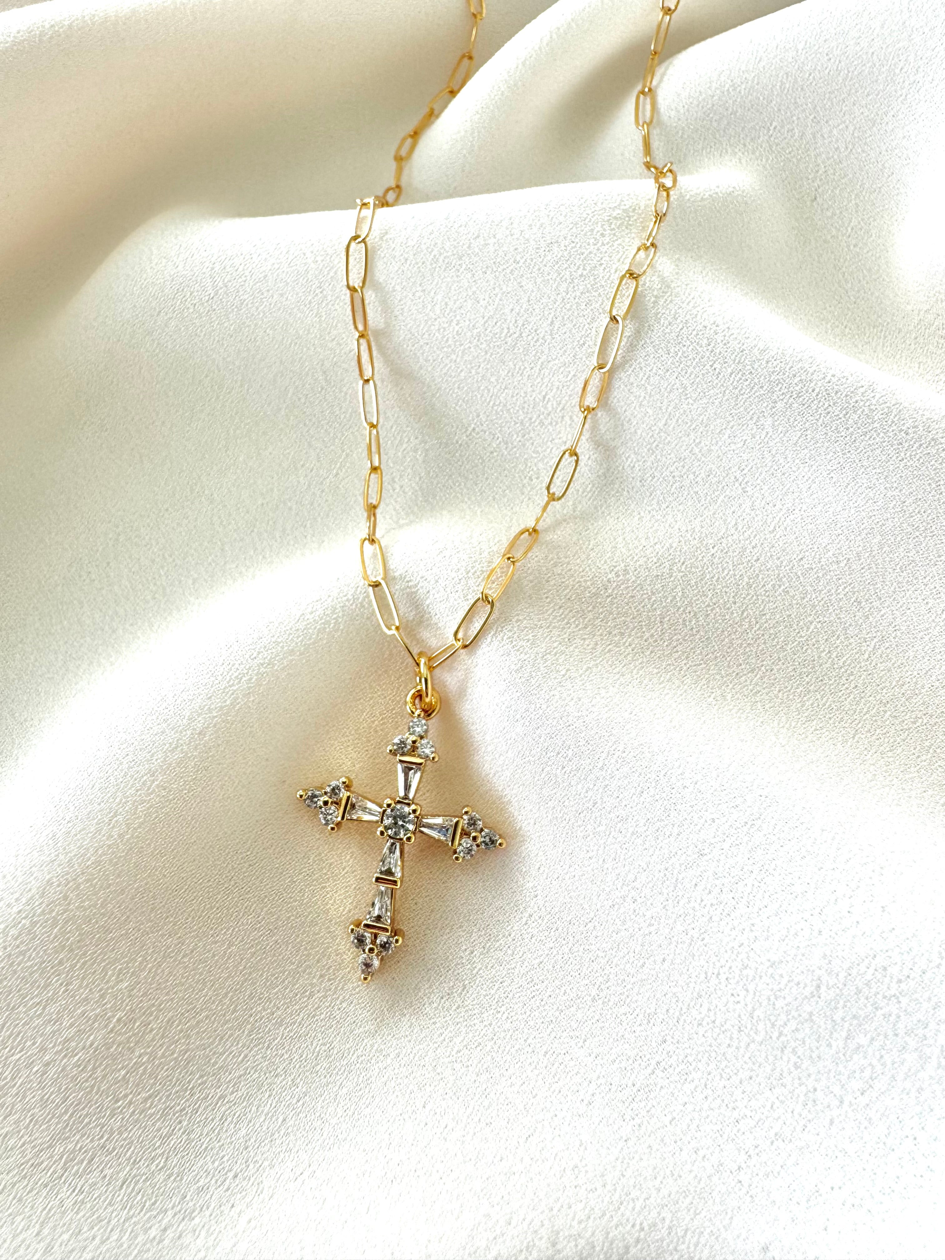 Gold Filled CZ Crystal Cross Pendant Necklace