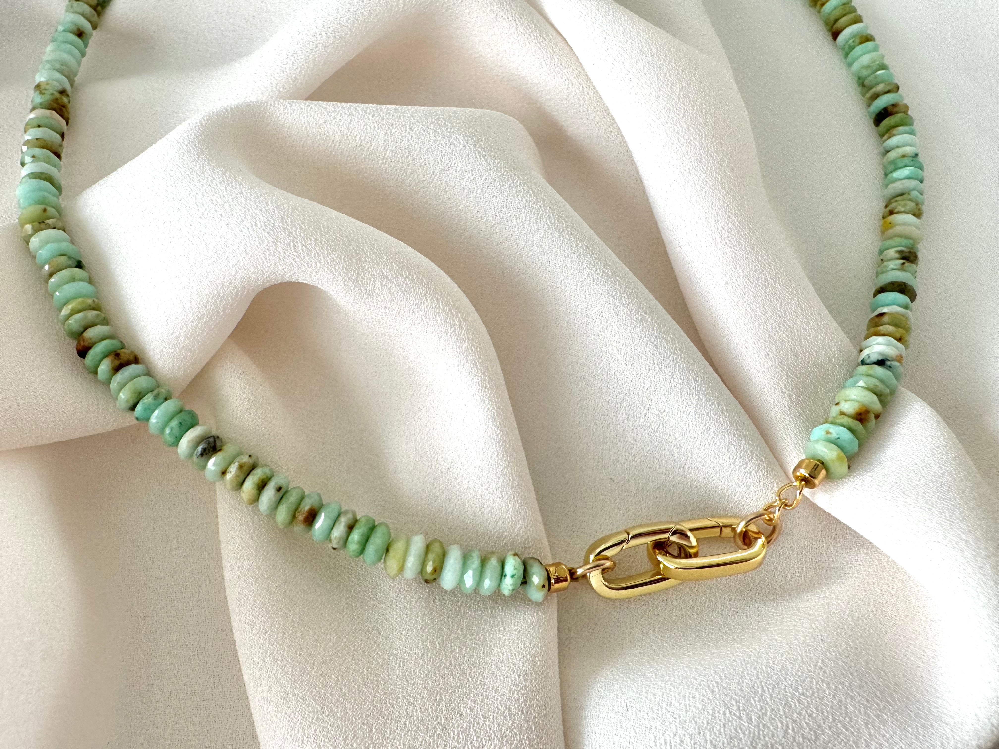 Real Beaded Amazonite Necklace with Large Gold Filled Clasp -