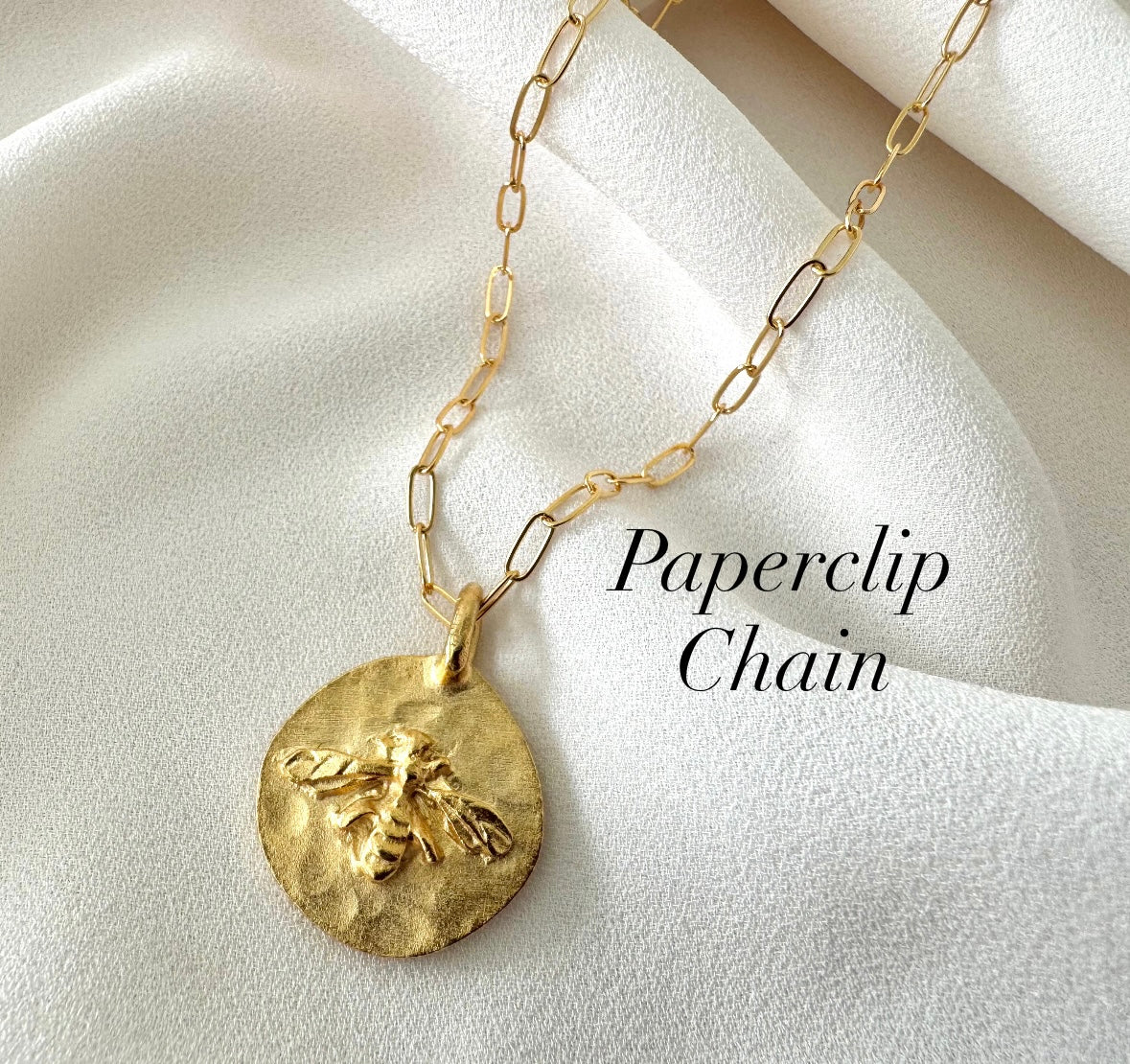 Gold Honey Bee Pendant Necklace - Gold Filled Chain - Figaro Box Paperclip Sunburst