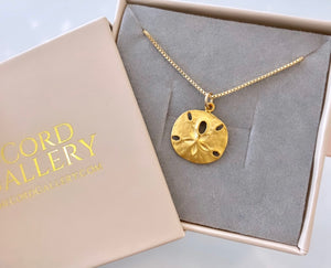 Gold Sand Dollar Pendant Necklace - Vermeil Gold Pendant - Gold Filled Chain - Figaro Box Satellite Link Chains