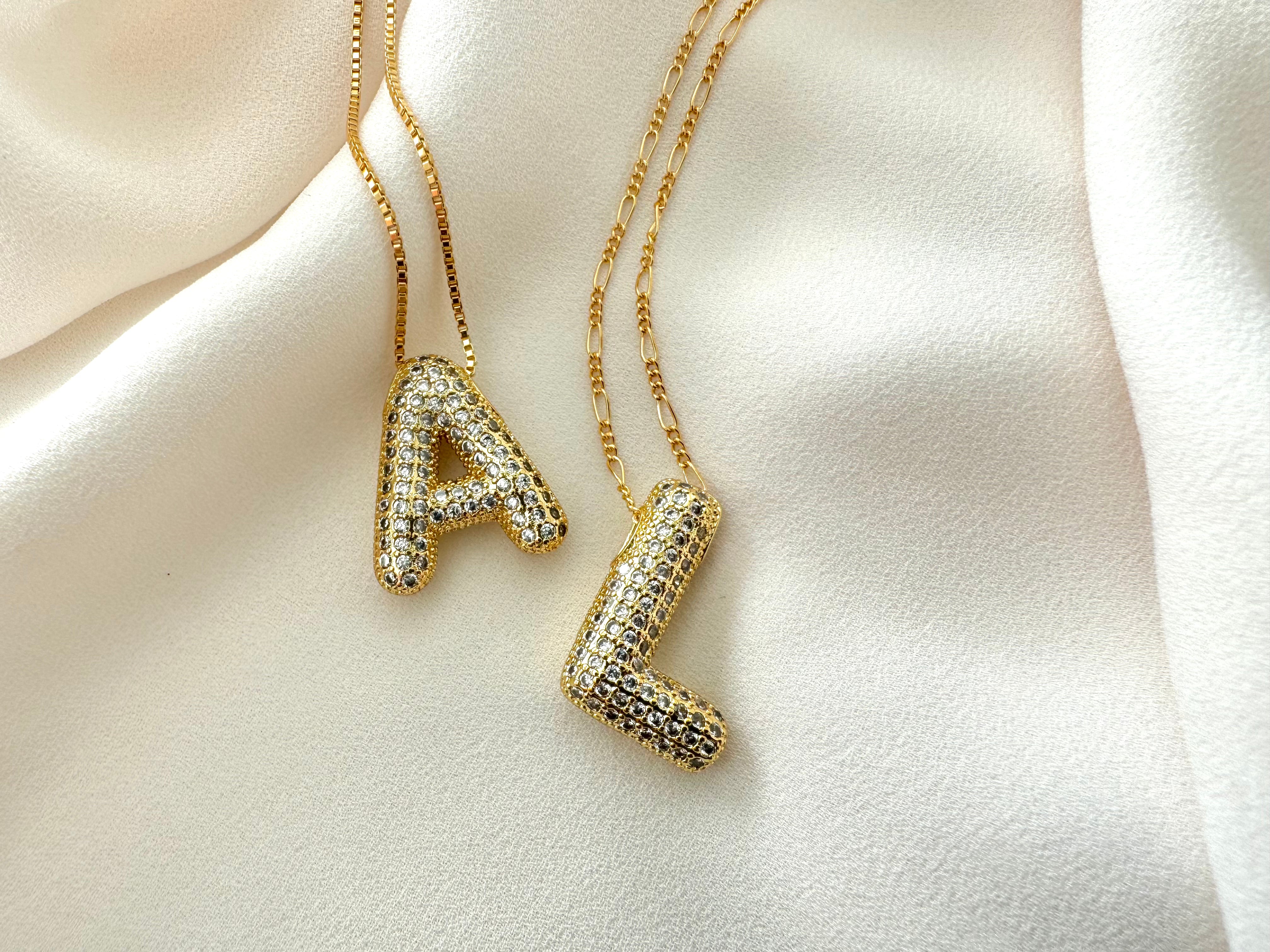 Gold Filled Chubby Bubble Letter Micro Pave Necklace - April Birthstone