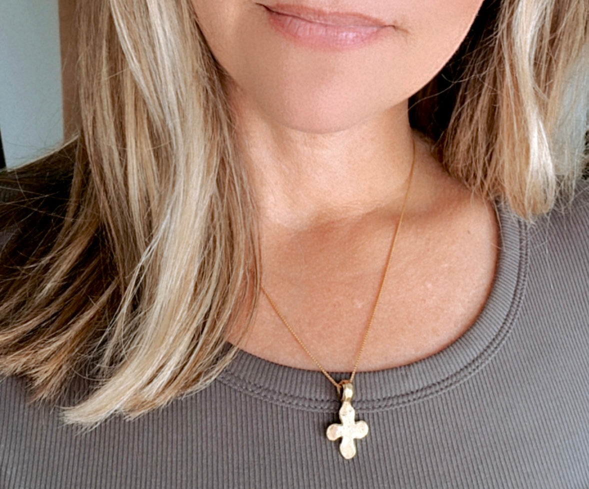 Ancient Rustic Hammered Cross Pendant Necklace - Gold Filled Chain