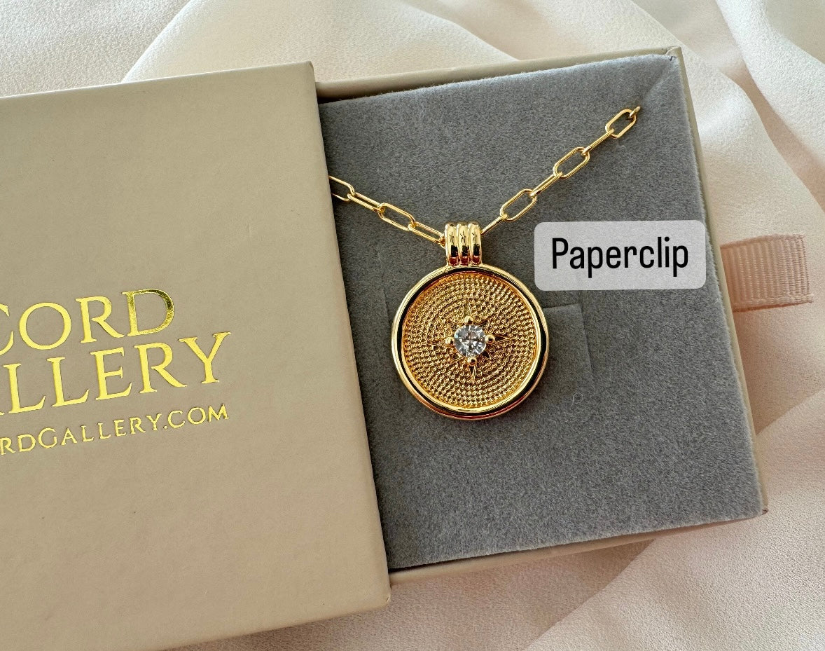 Gold Coin Necklace with CZ Crystal Charm Gold Filled Medallion Necklace Dainty Paperclip Figaro Chain Minimalist Layering Necklace Gift Idea