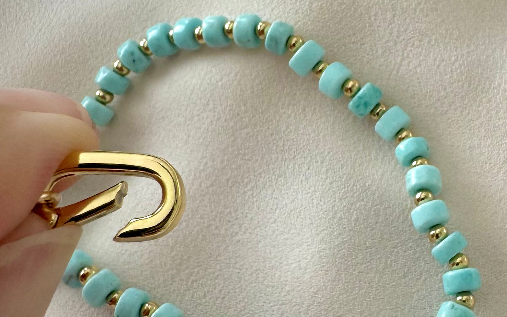 Real Beaded Turquoise Necklace with Large Gold Filled Clasp - December Birthstone