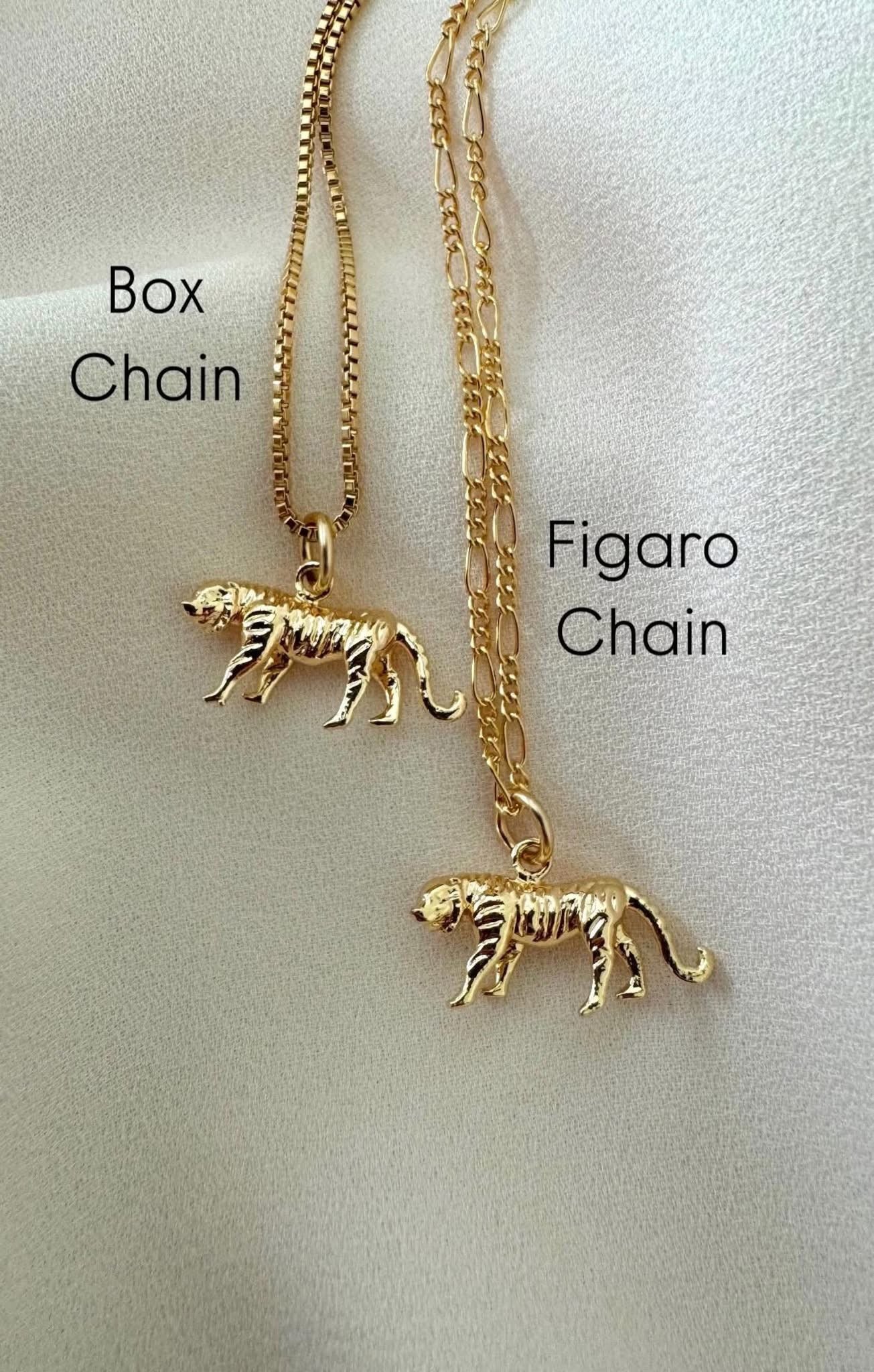 Gold Filled Tiger Pendant Necklace - Box Chain - Figaro Chain