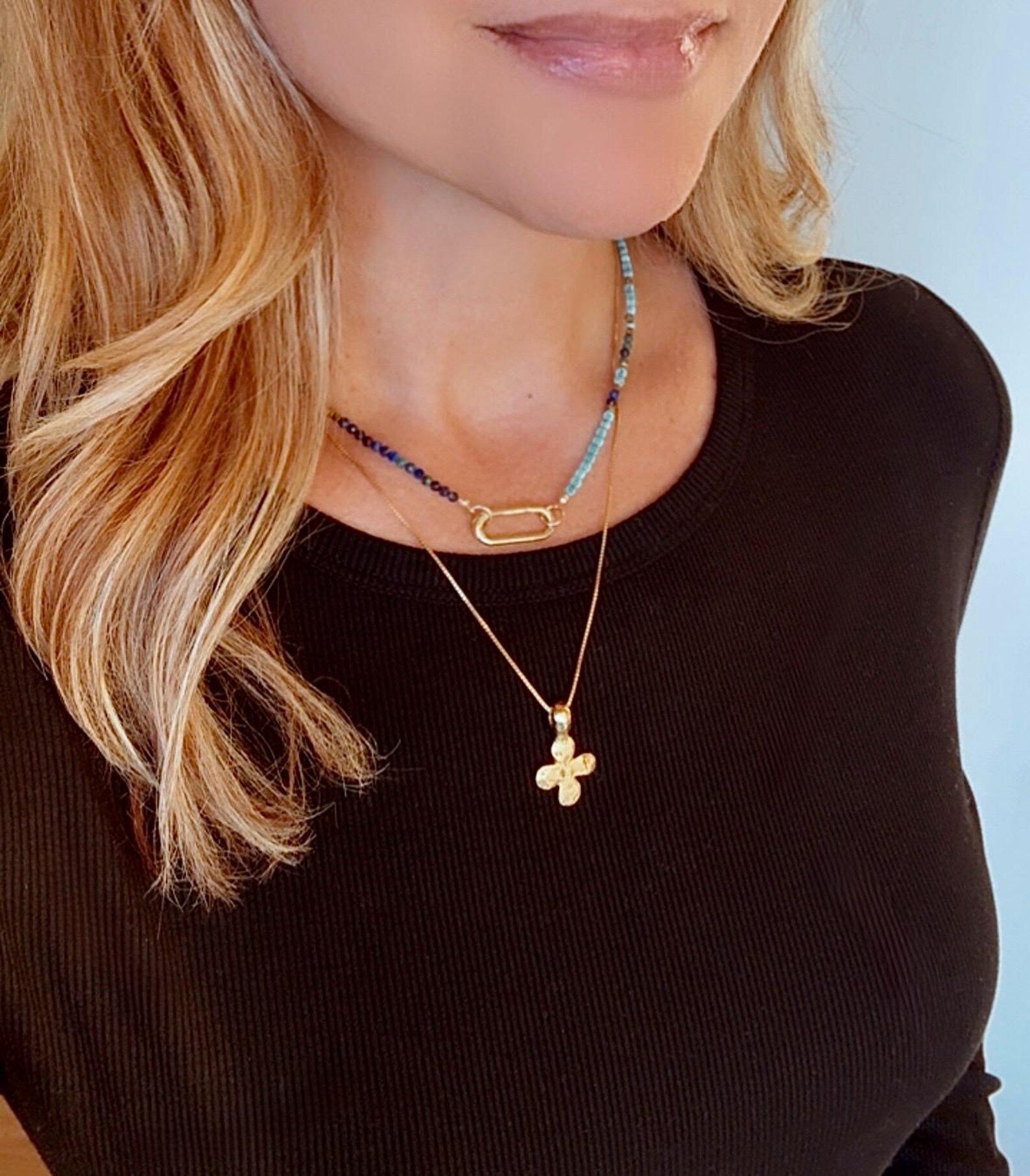 Dainty Beaded Turquoise Lapis Lazuli Malachite Necklace - Gold Filled Charm Clasp Carabiner