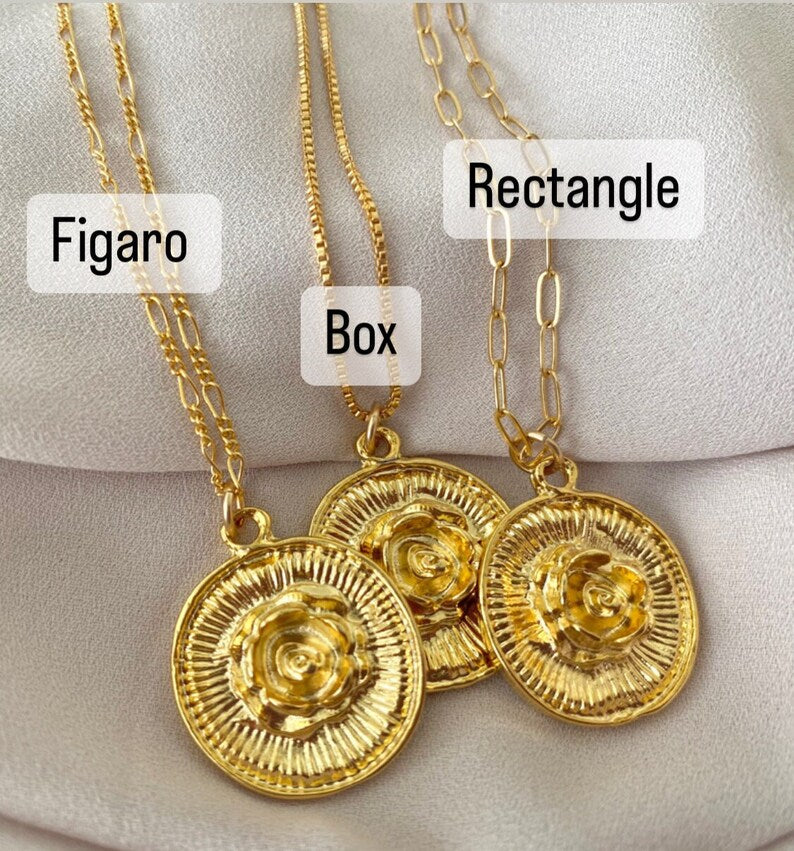 Gold 3D Rose Flower Medallion Necklace - Gold Filled Paperclip Box Figaro Chain