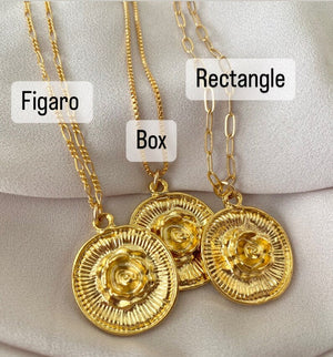 Gold 3D Rose Flower Medallion Necklace - Gold Filled Paperclip Box Figaro Chain