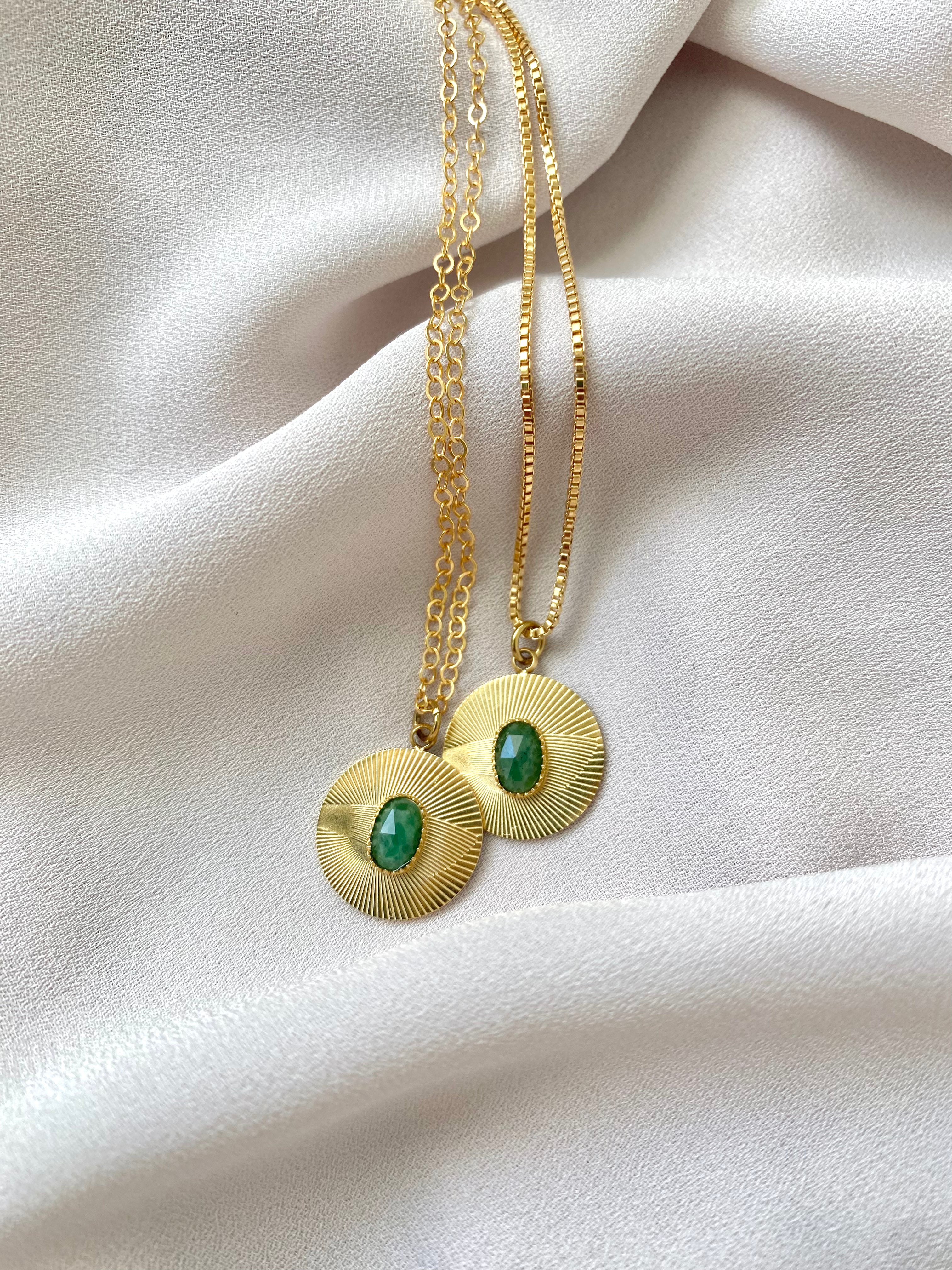 Dainty Aventurine Etched Coin Necklace - Gold Filled Stainless Steel Gemstone Jewelry